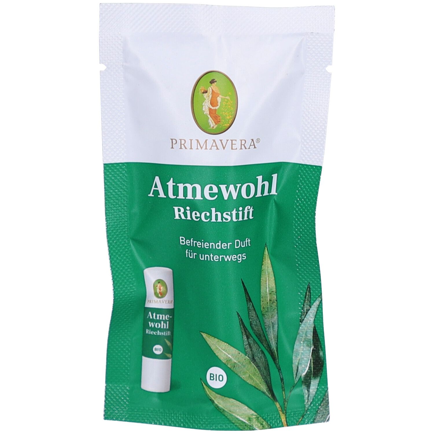 Weiß-grüne Verpackung mit Produktabbildung. Text: PRIMAVERA, Atmewohl Riechstift, Bio. Grünes Blattmotiv und Bio-Siegel.