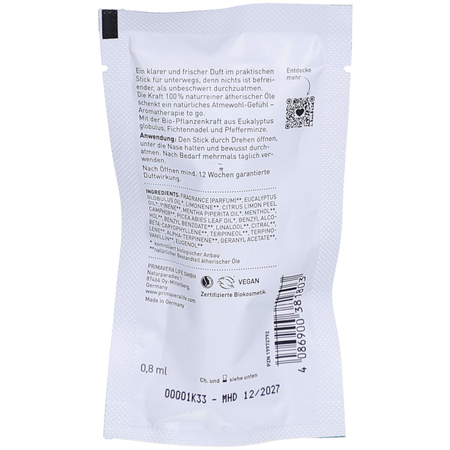 Rückseite der Verpackung. Text: Atmewohl Riechstift, Inhaltsstoffe, 0,8 ml, Vegan, Bio-Zertifizierung. Barcode und Mindesthaltbarkeitsdatum.