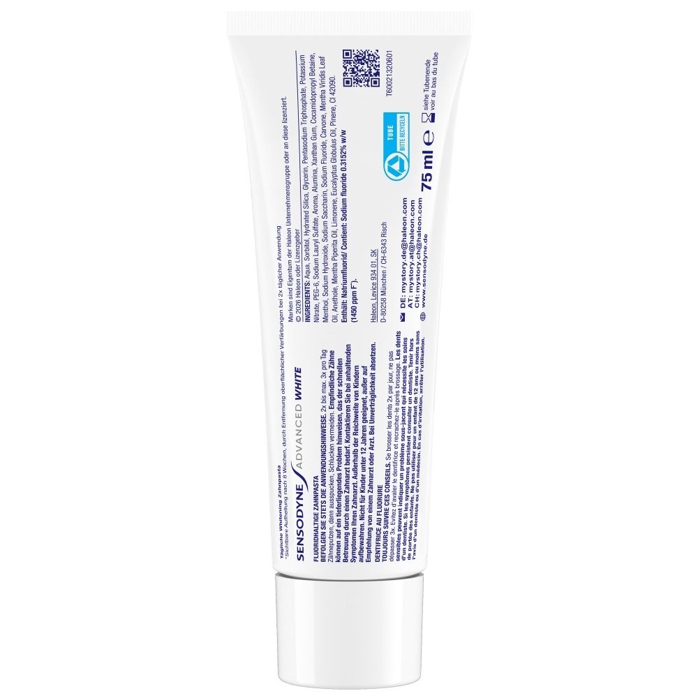 Sensodyne Zahnpasta Advanced White 75 ml Tube mit Anwendungshinweisen.