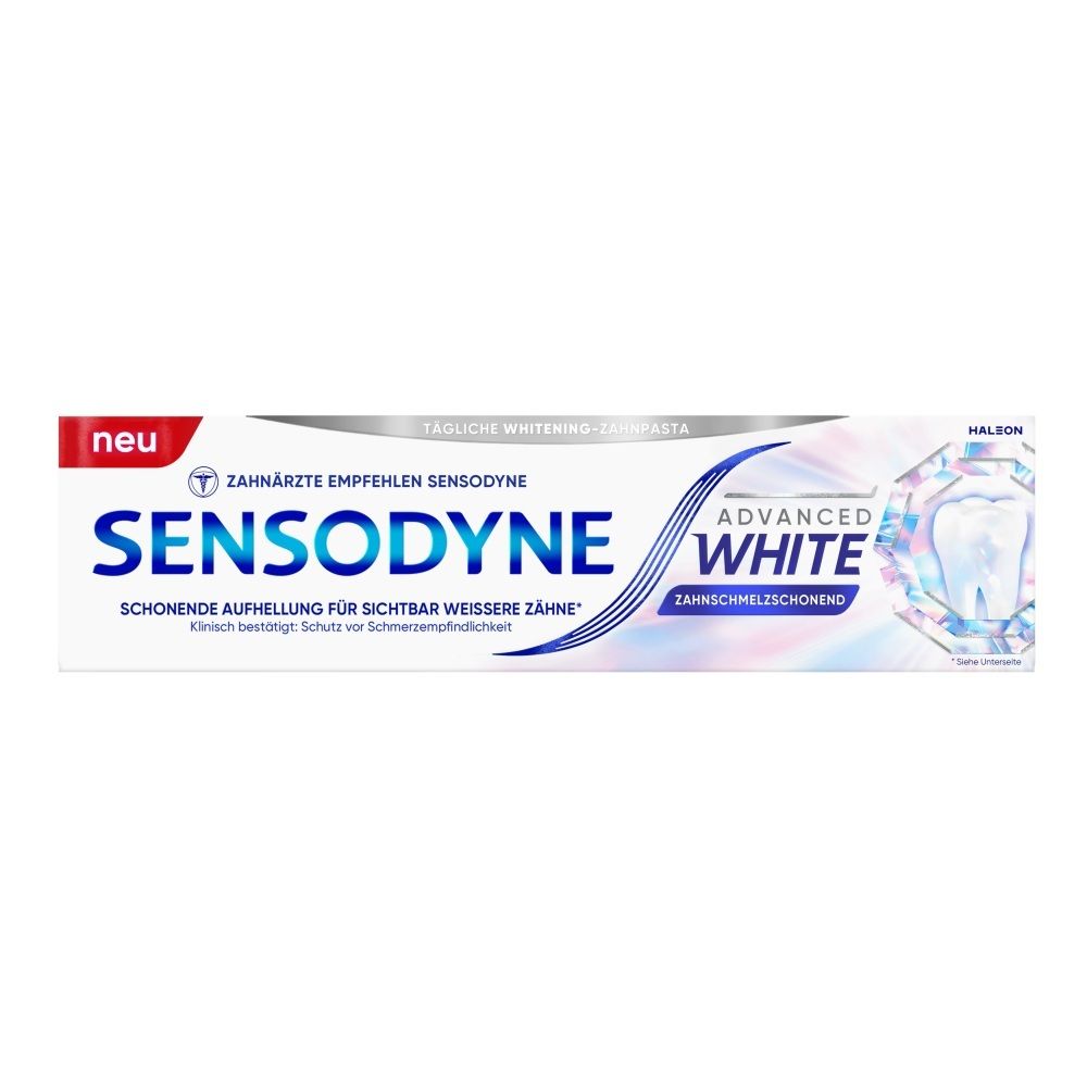 Sensodyne Zahnpasta "Advanced White" in Tube und Kartonverpackung.