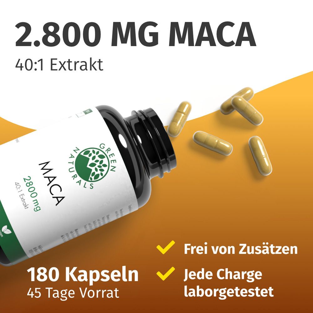 Schwarze Flasche mit weißen Etikett. Aufschrift: 2.800 MG MACA, 180 Kapseln. Gelbe Kapseln daneben. Text: Frei von Zusätzen, laborgetestet.