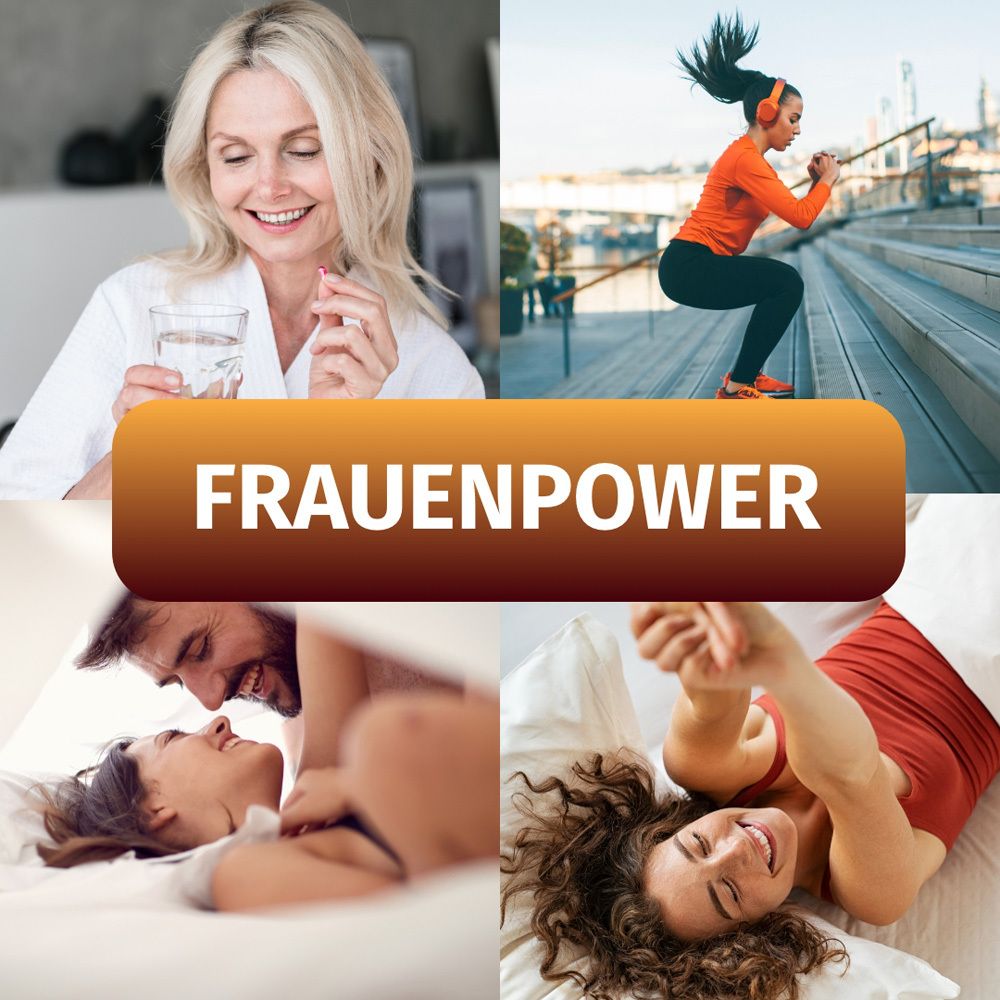 Collage mit vier Bildern. Frauen in verschiedenen Situationen: trinken Wasser, Sport, im Bett, kuscheln. Text: FRAUENPOWER.