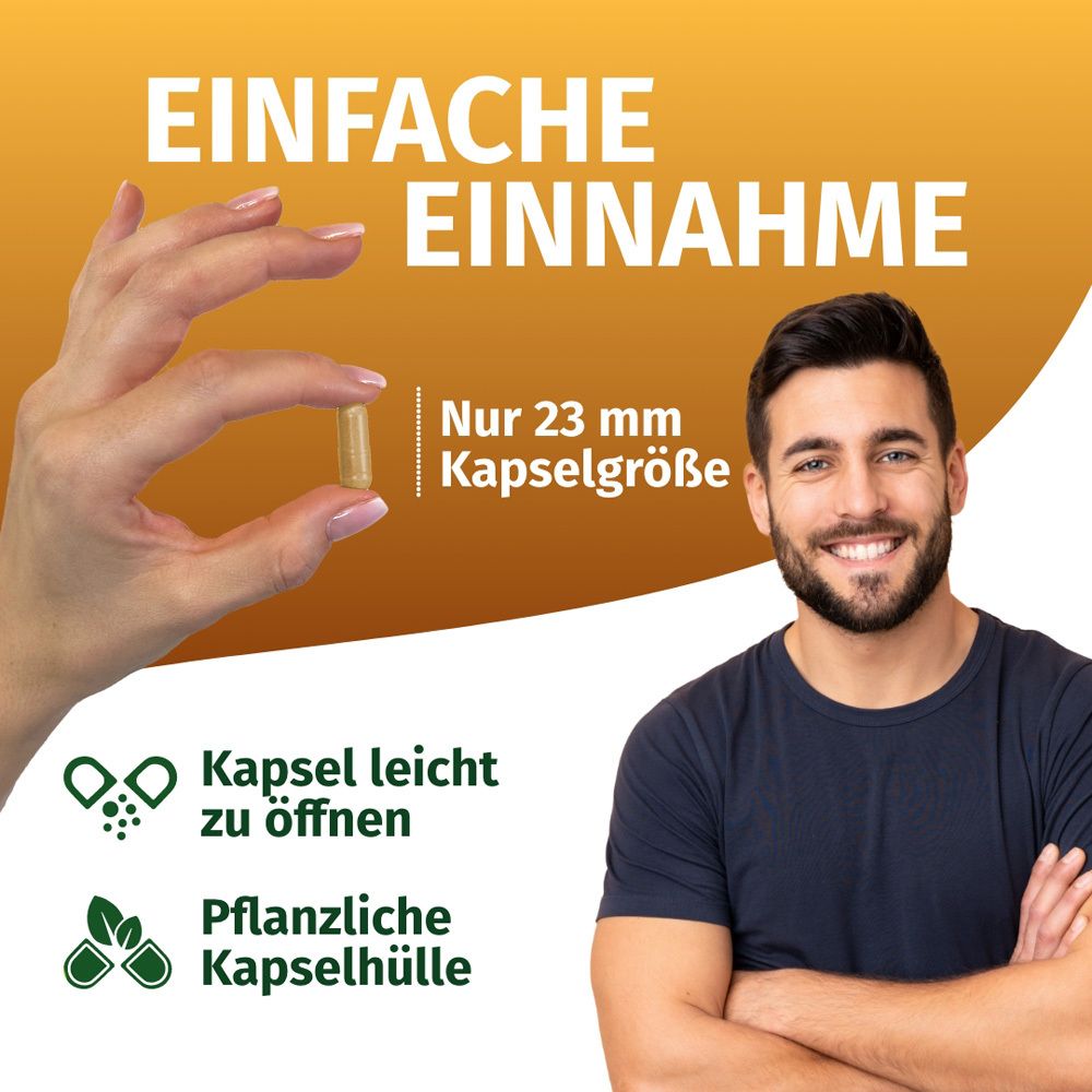 Hand hält gelbe Kapsel. Text: Einfache Einnahme. Text: Kapsel leicht zu öffnen, pflanzliche Kapselhülle. Mann im Hintergrund.