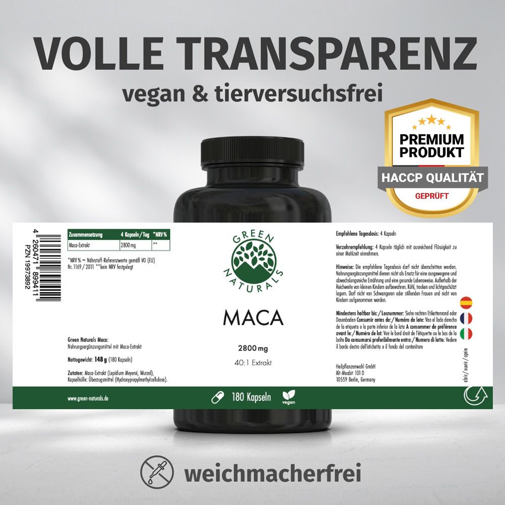 Flasche mit Etikett. Text: Volle Transparenz, vegan & tierversuchsfrei. Premium Produkt, HACCP Qualität. Etikett mit Inhaltsangaben.