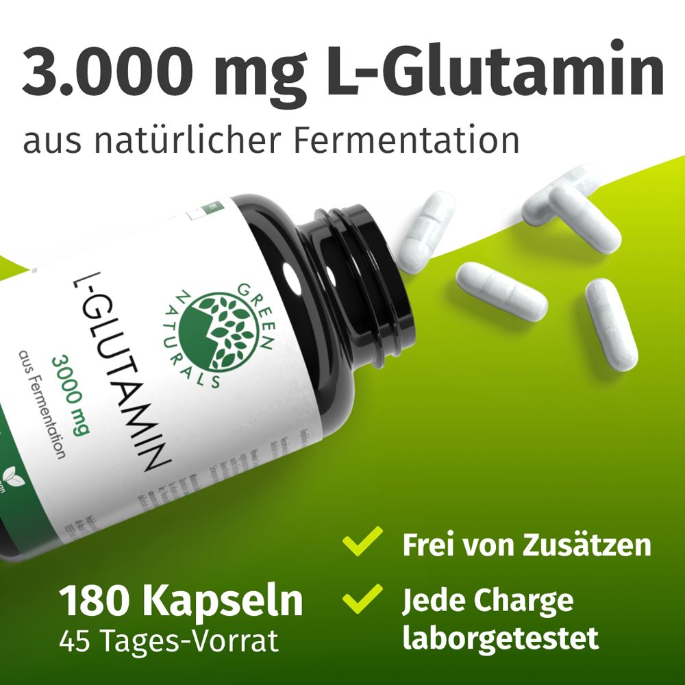 Flasche und Kapseln. Aufschrift: 3.000 mg L-Glutamin, 180 Kapseln, 45 Tages-Vorrat. Frei von Zusätzen, laborgetestet.