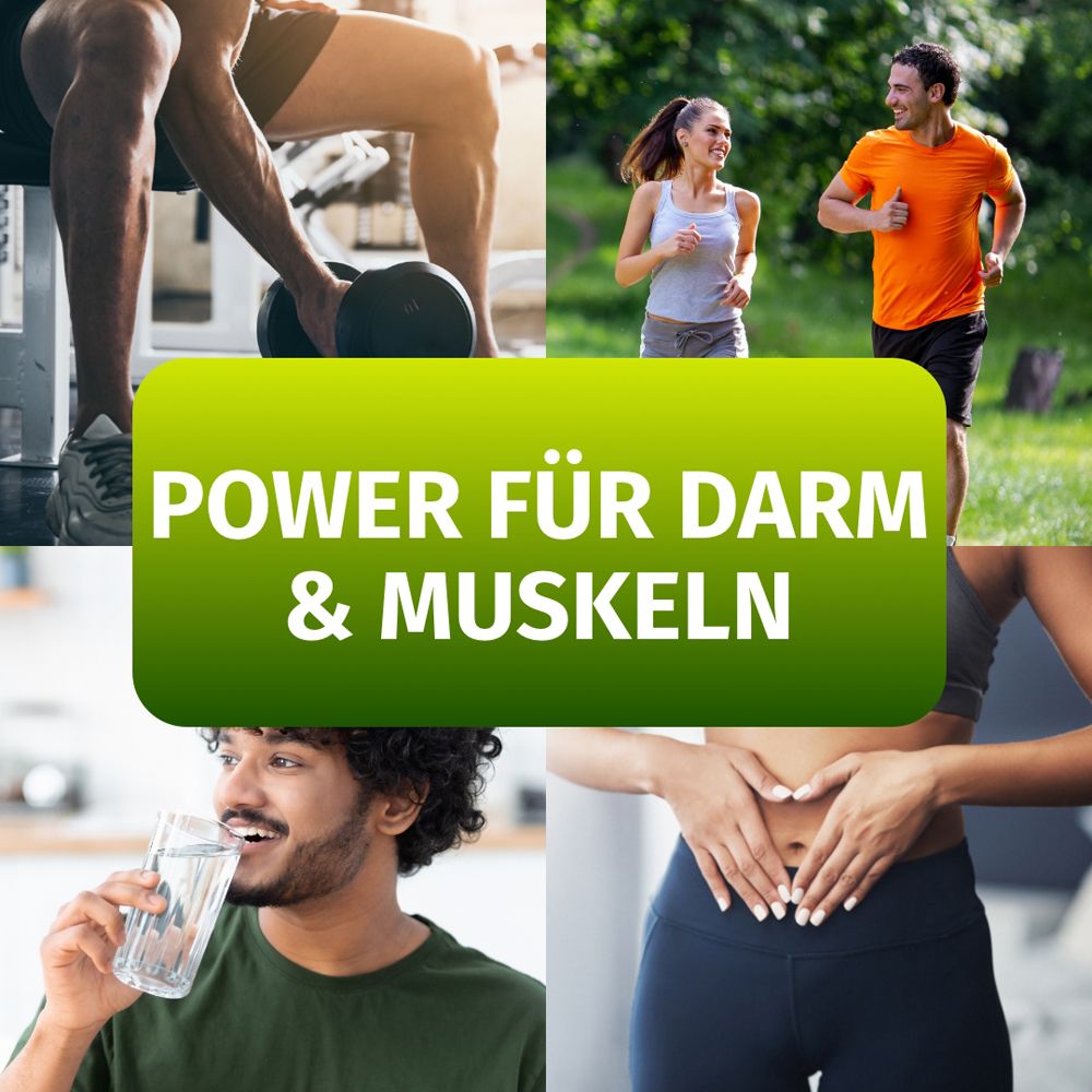 Collage mit Sportlern und Text: POWER FÜR DARM & MUSKELN. Personen trinken Wasser, trainieren und laufen.