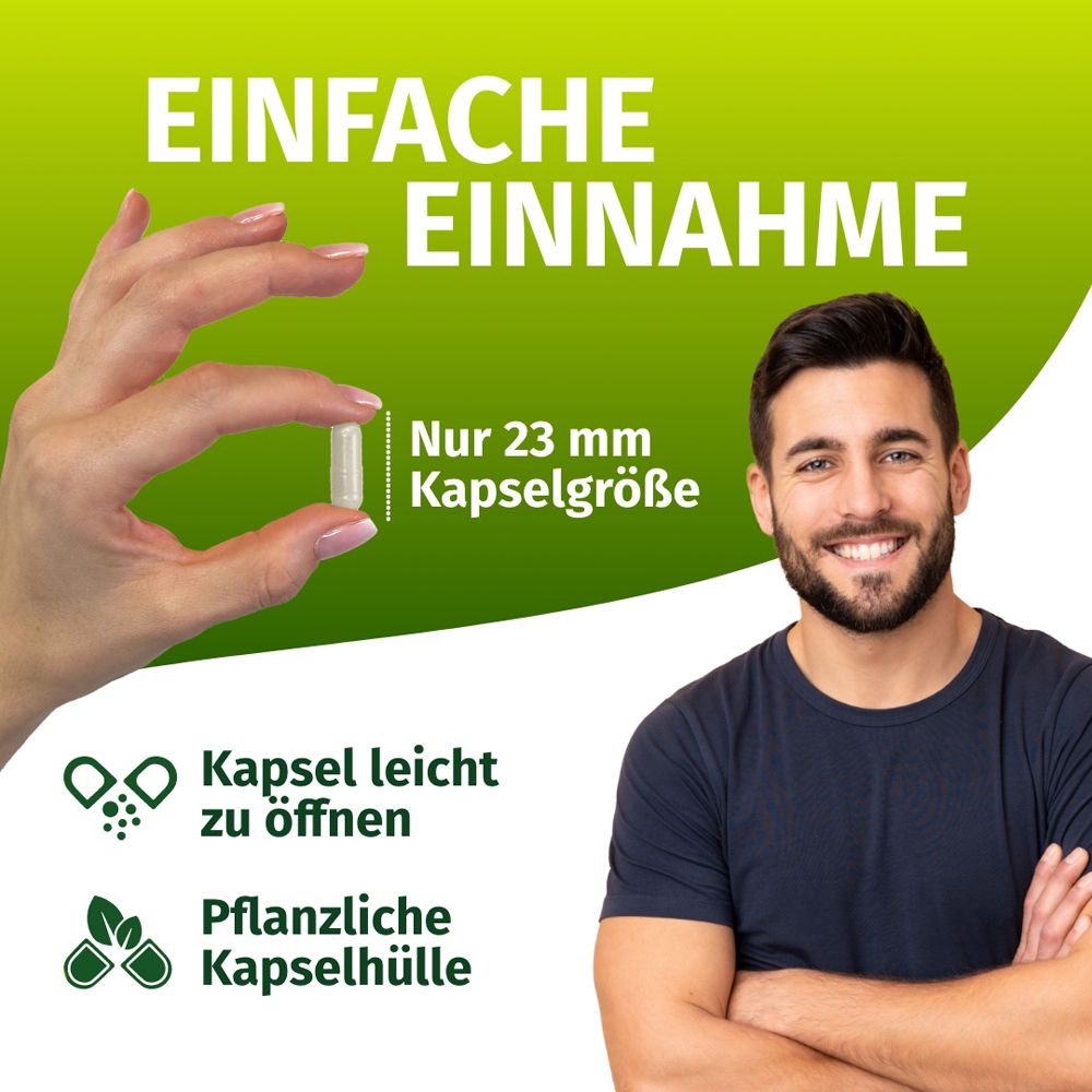Mann hält Kapsel. Text: EINFACHE EINNAHME. Kapsel leicht zu öffnen. Pflanzliche Kapselhülle. Kapselgröße: 23 mm.
