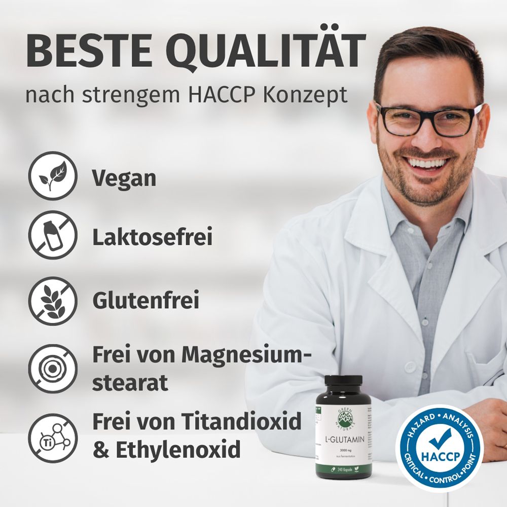 Mann mit Brille. Text: BESTE QUALITÄT nach HACCP Konzept. Vegan, laktosefrei, glutenfrei, frei von Magnesiumstearat.