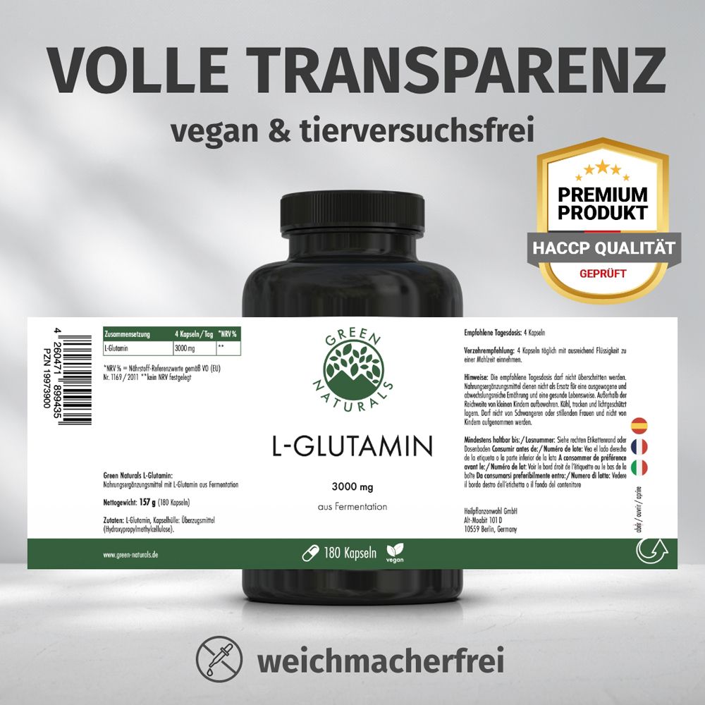Flasche mit Etikett. Text: VOLLE TRANSPARENZ, vegan & tierversuchsfrei. Premium Produkt, HACCP Qualität, geprüft.
