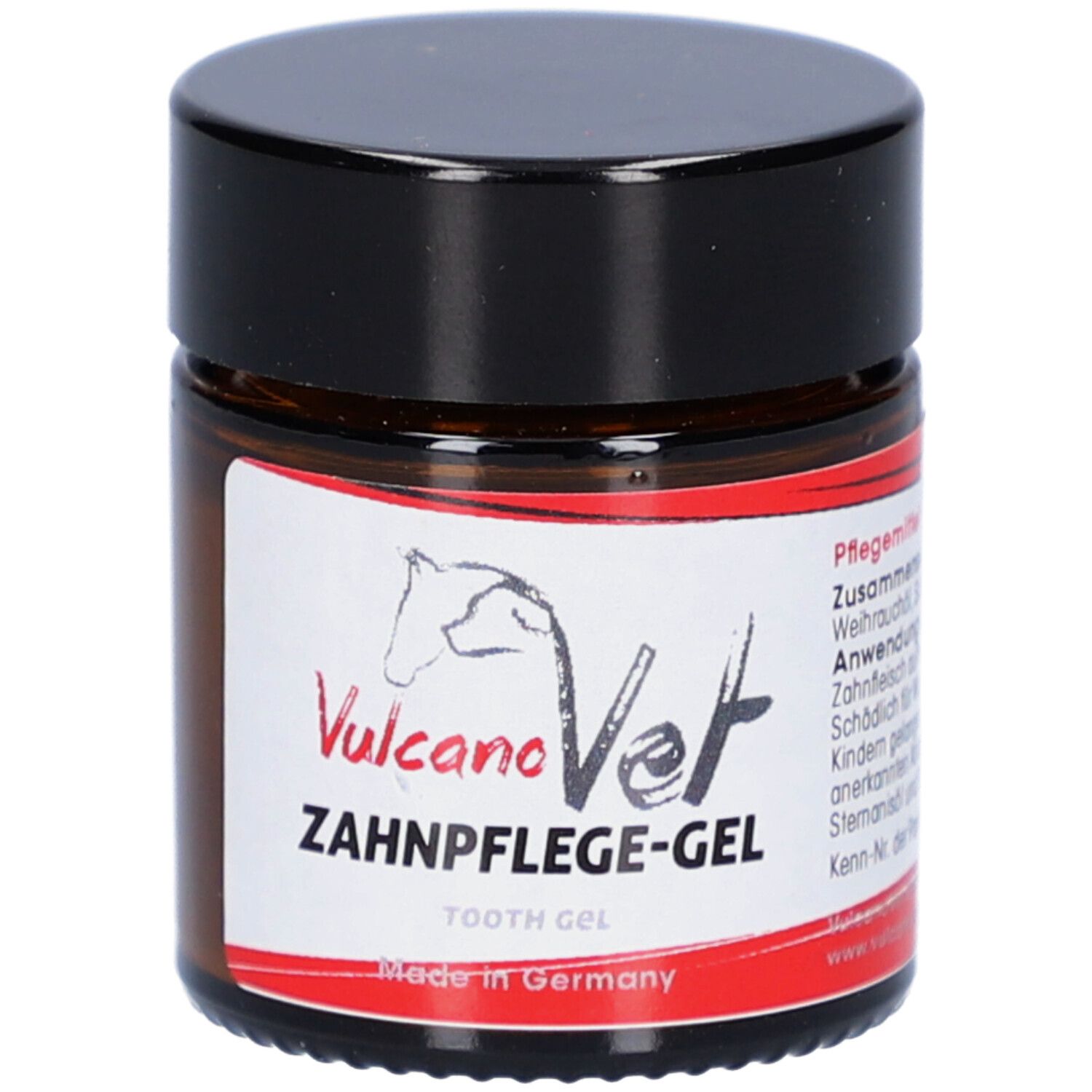 Braune Glasdose mit schwarzem Deckel. Aufkleber mit Produktname und Logo: VulcanoVet Zahnpflege-Gel. Made in Germany.