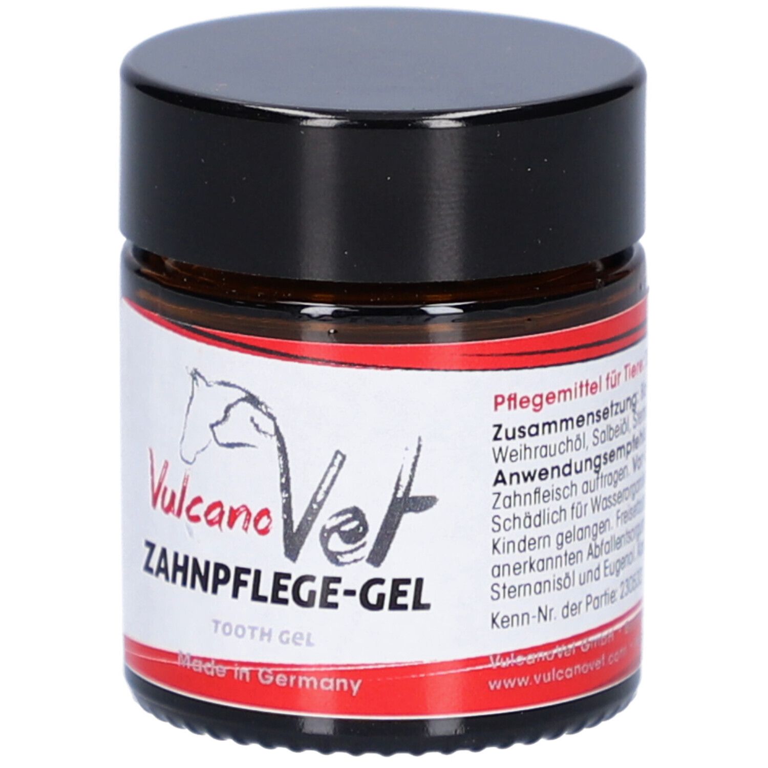 Braune Glasdose mit schwarzem Deckel. Aufkleber mit Produktname, Logo und Text. Made in Germany. Webseite: vulcanovet.com.