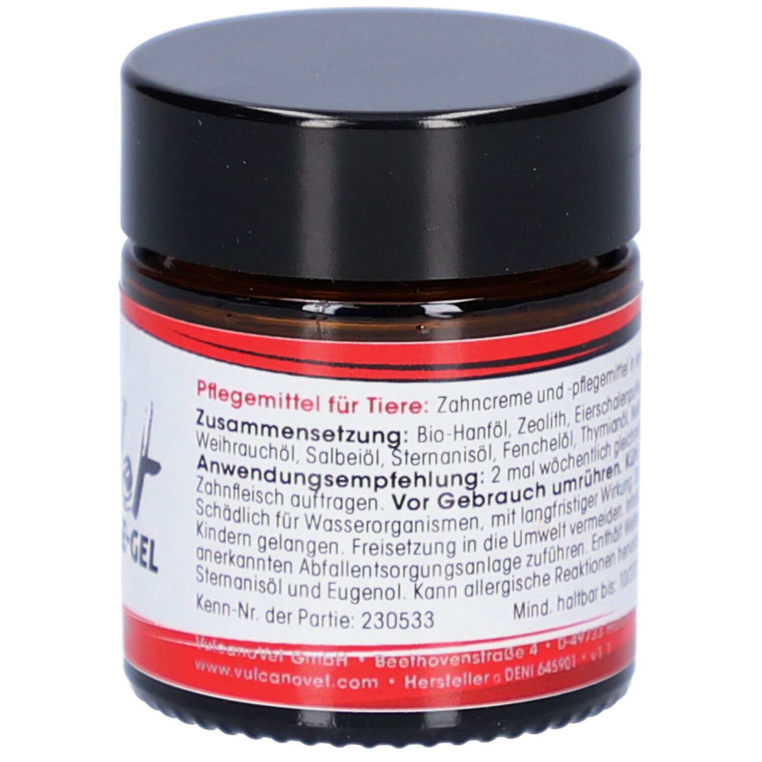 Braune Glasdose mit schwarzem Deckel. Aufkleber mit Produktinformationen und Text. Webseite: vulcanovet.com. Kenn-Nr. der Partie: 230533.