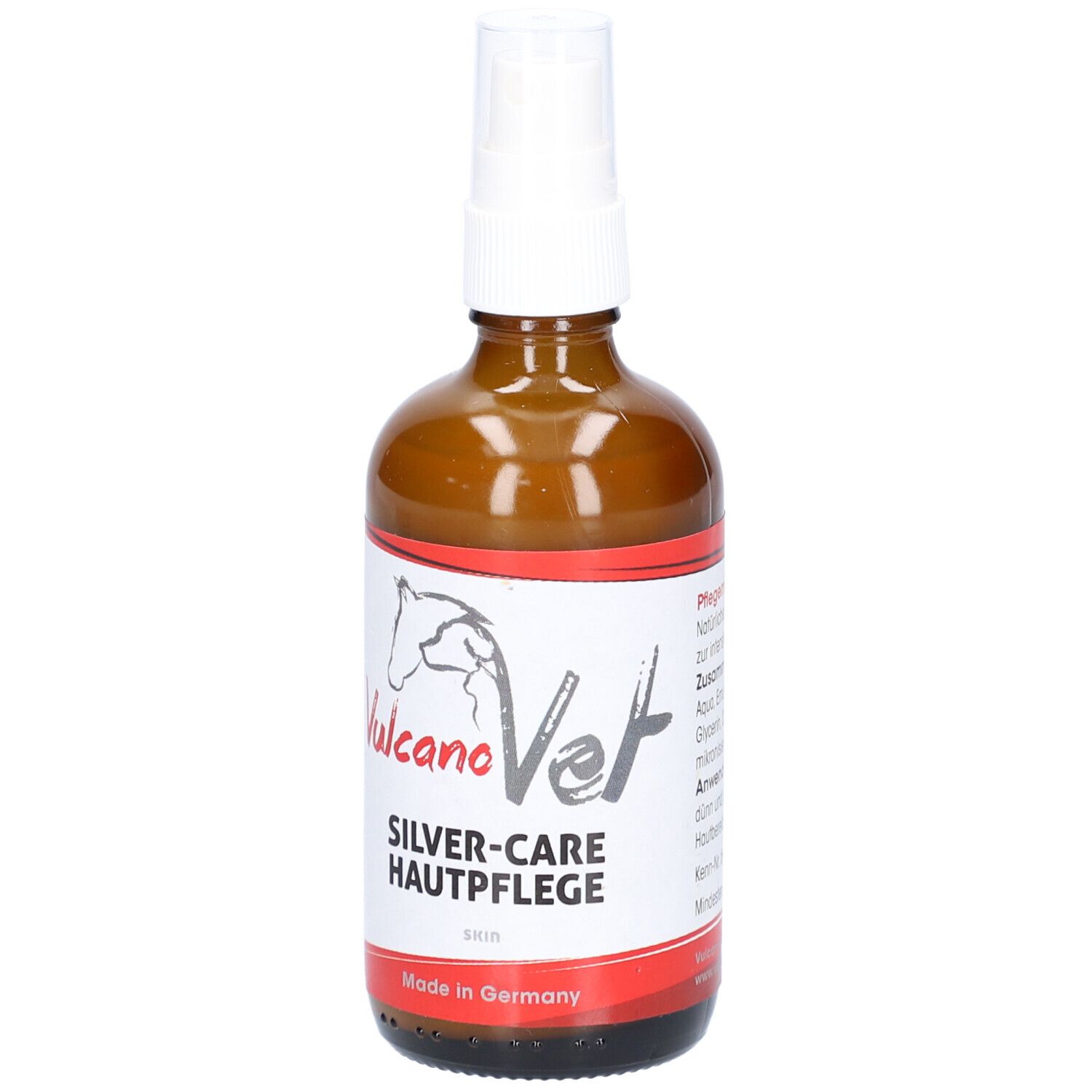 Braune Glasflasche mit weißem Sprühkopf. Aufkleber mit Logo und Schriftzug: SILVER-CARE HAUTPFLEGE. Made in Germany.