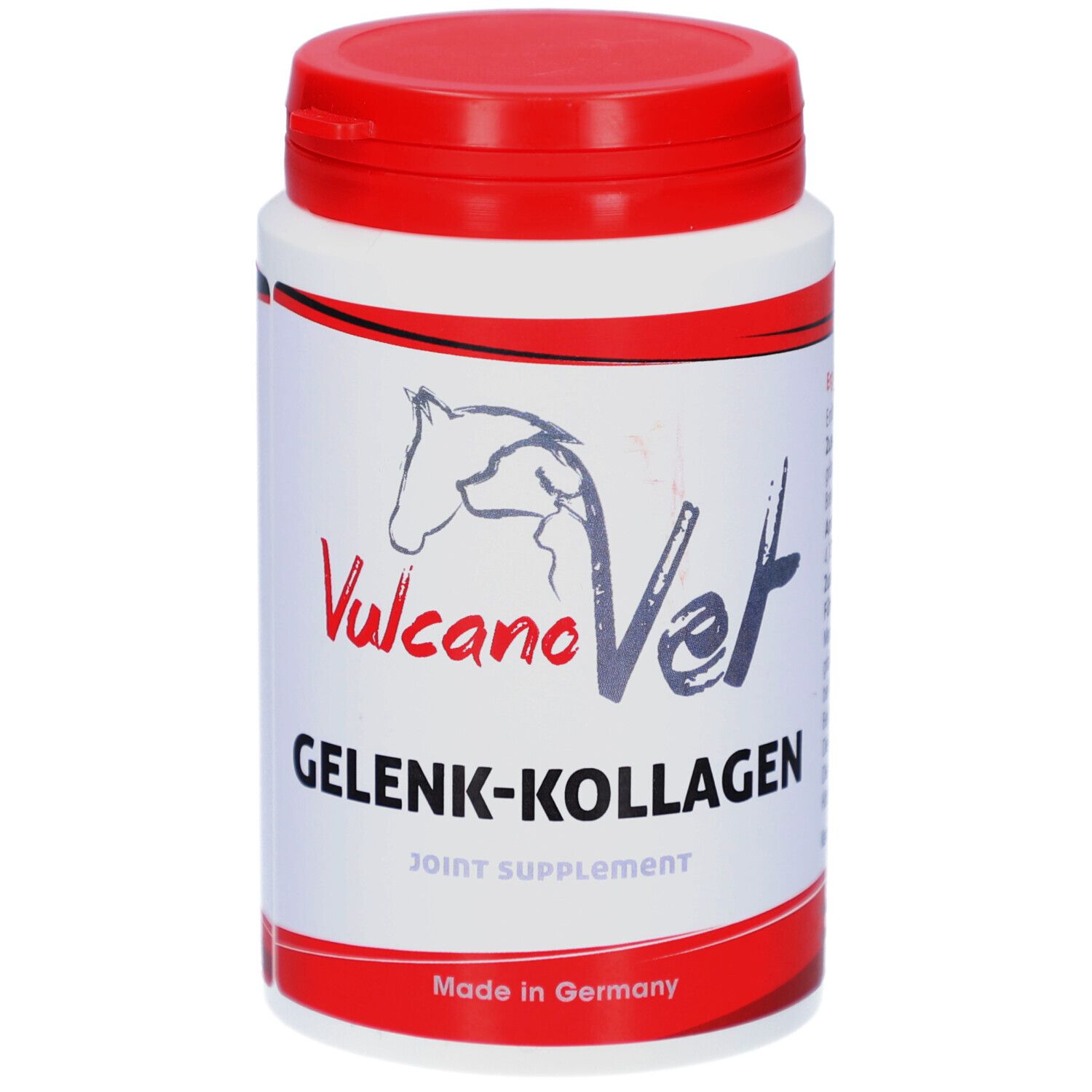 Weiß-rote Dose mit "VulcanoVet Gelenk-Kollagen"-Aufdruck. Pferdekopf-Logo. "Joint Supplement" und "Made in Germany".