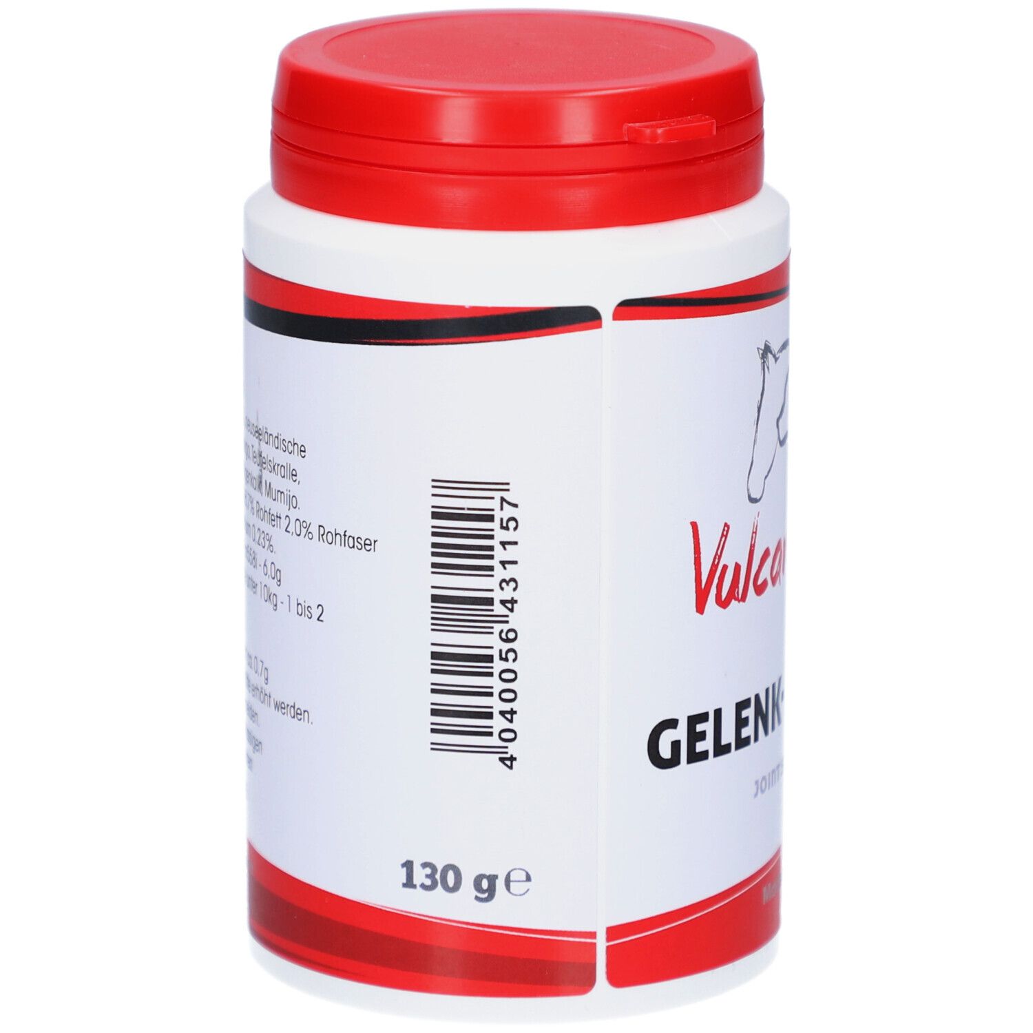 Weiß-rote Dose mit Barcode und "130 ge"-Angabe. Aufdruck "Gelenk-Kollagen" und "VulcanoVet".