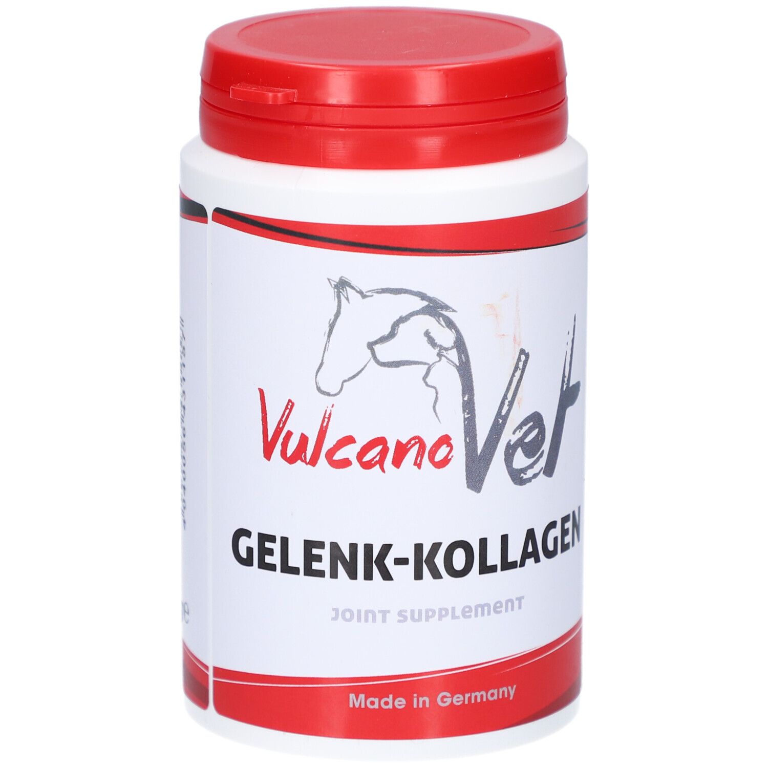 Weiß-rote Dose mit "VulcanoVet Gelenk-Kollagen"-Aufdruck. Pferdekopf-Logo. "Joint Supplement" und "Made in Germany".