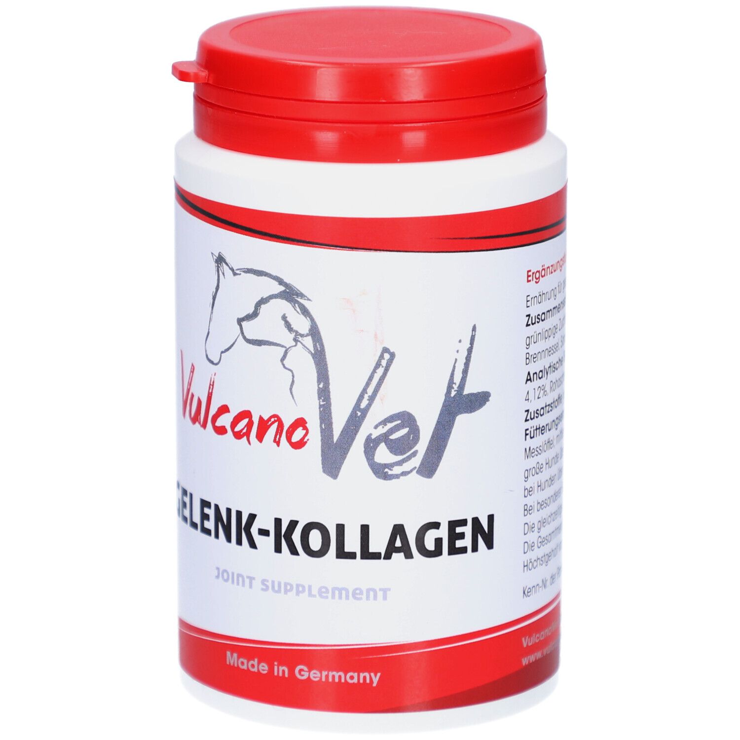 Weiß-rote Dose mit "VulcanoVet Gelenk-Kollagen"-Aufdruck. Pferdekopf-Logo. "Joint Supplement" und "Made in Germany".