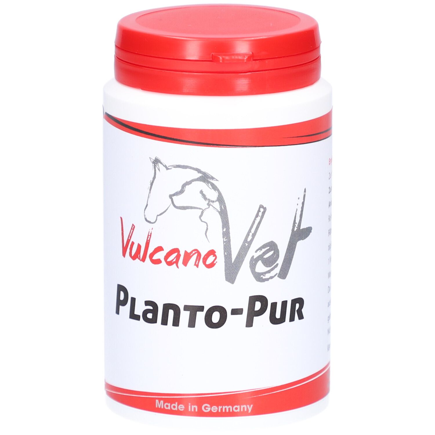 Weiße Dose mit rotem Deckel. Aufschrift: Vulcano Vet Planto-Pur. Logo: Pferdekopf. Made in Germany.