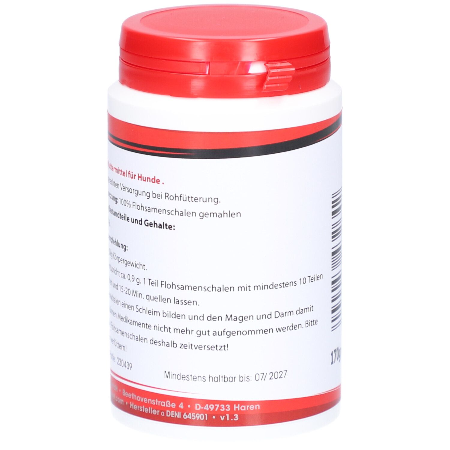 Weiße Dose mit rotem Deckel. Text auf der Dose. Aufschrift: Vulcano Vet Planto-Pur. Mindestens haltbar bis 07/2027.