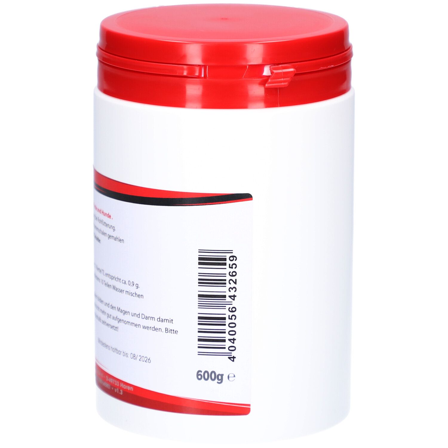 Weiße Dose mit rotem Deckel. Rückseite mit Barcode und Text. Aufschrift: 600g.