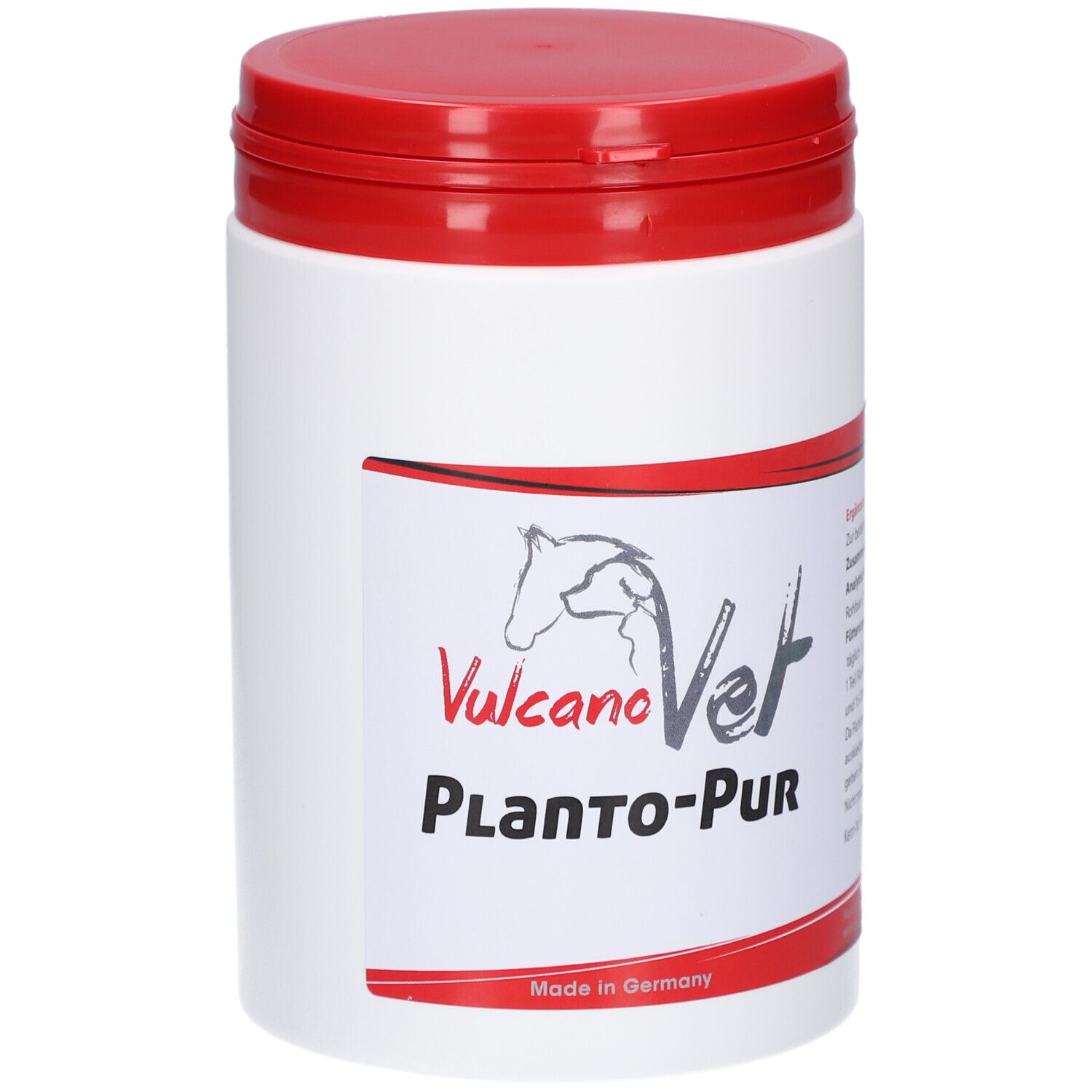 Weiße Dose mit rotem Deckel. Aufkleber mit Logo und Schriftzug: VulcanoVet Planto-PUR. Hergestellt in Deutschland.