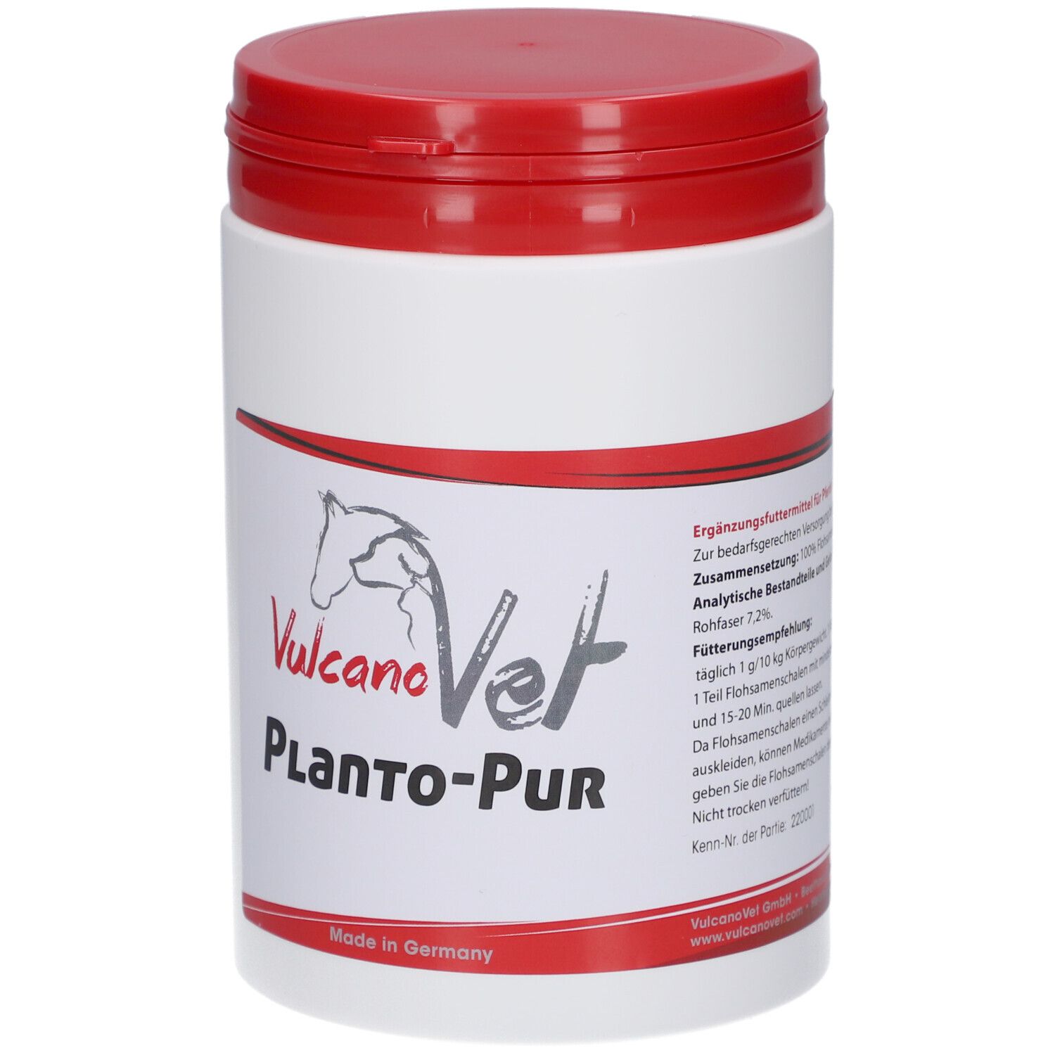 Weiße Dose mit rotem Deckel. Etikett mit Logo, Schriftzug: VulcanoVet Planto-PUR und Text. Hergestellt in Deutschland.