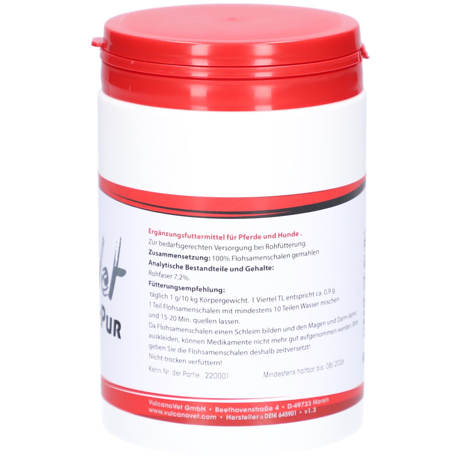 Weiße Dose mit rotem Deckel. Etikett mit Text. Ergänzungsfuttermittel für Pferde und Hunde. Mindestens haltbar bis 08/2026.