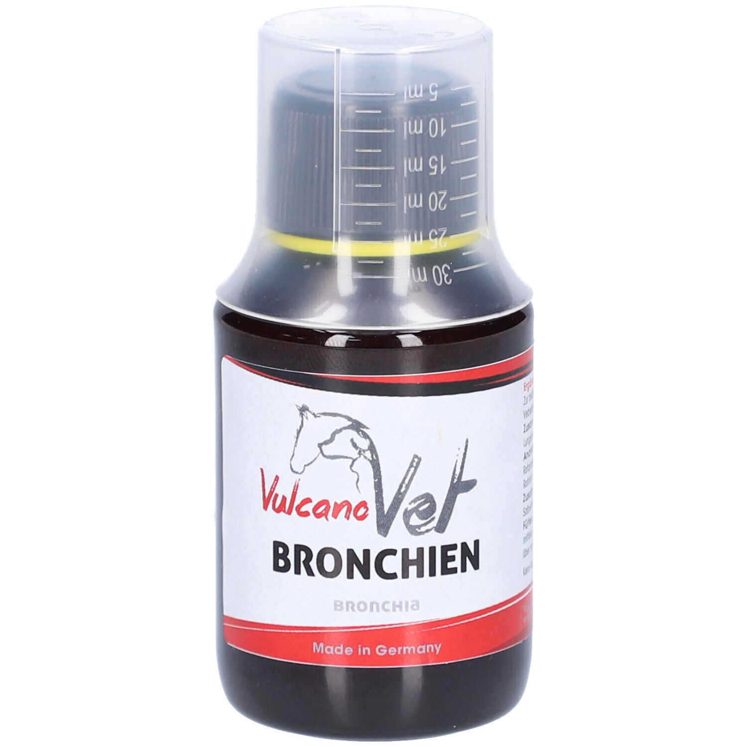 Braune Flüssigkeit in einer Flasche mit Messbecher. Aufschrift: VulcanoVet Bronchien.