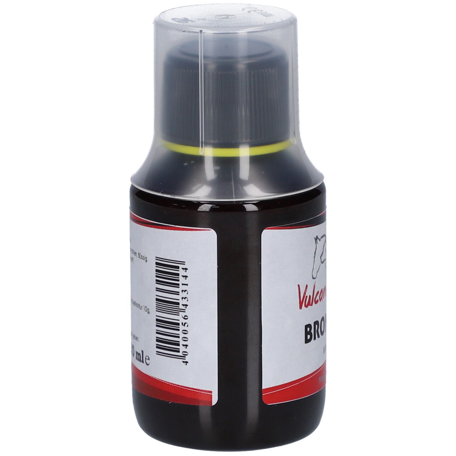 Braune Flüssigkeit in einer Flasche. Etikett mit Barcode und Text. VulcanoVet Bronchien.