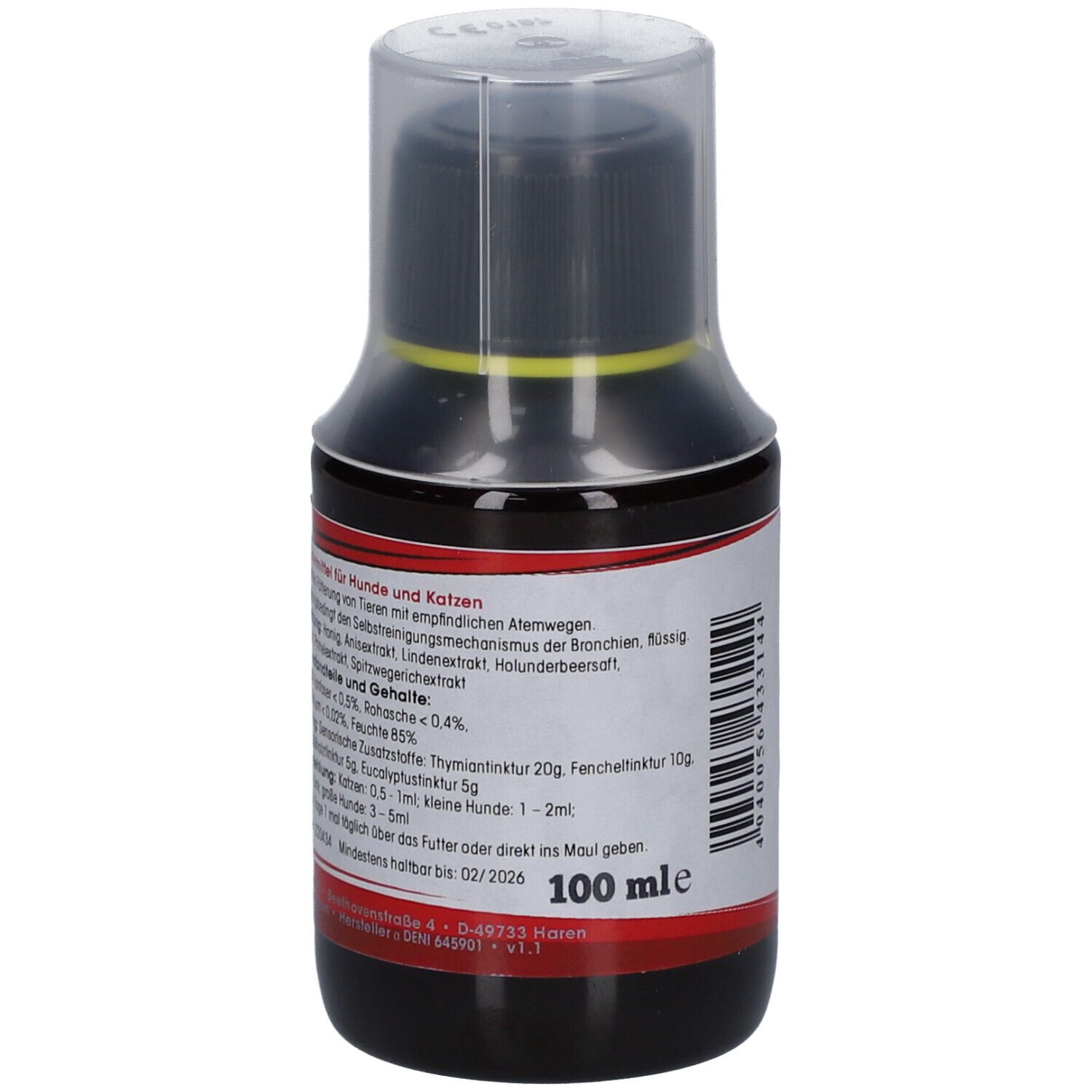 Flasche mit brauner Flüssigkeit. Etikett mit Inhaltsstoffen und Dosierung. VulcanoVet Bronchien.