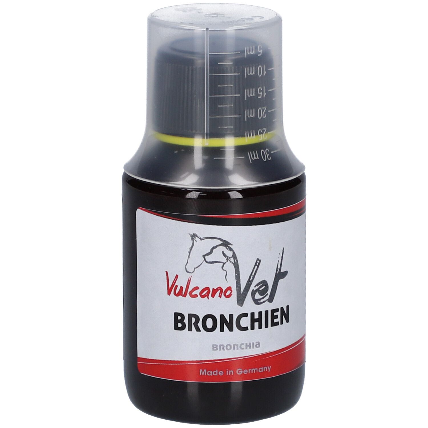 Braune Flüssigkeit in einer Flasche mit Messbecher. Aufschrift: VulcanoVet Bronchien.