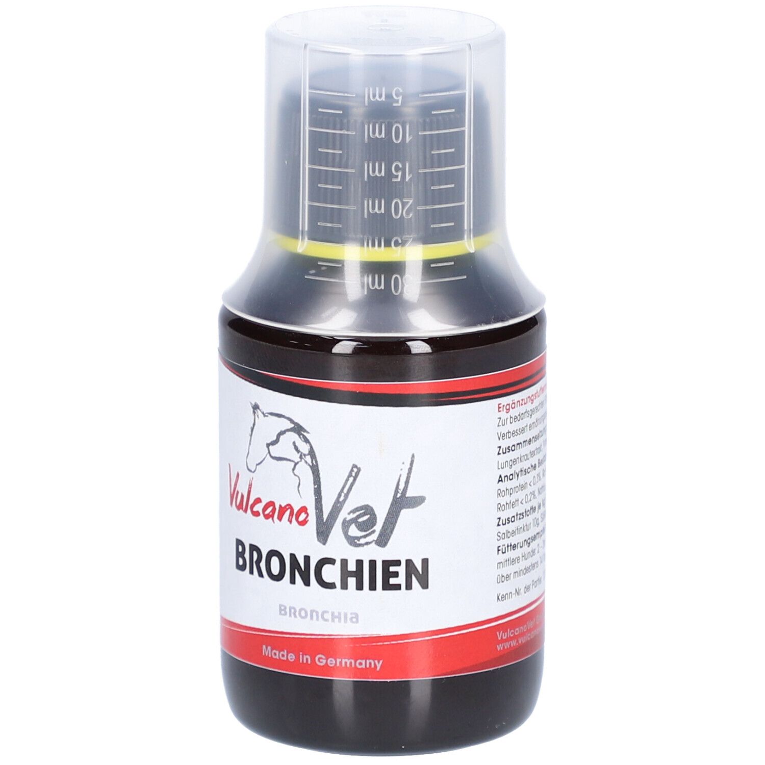 Braune Flüssigkeit in einer Flasche mit Messbecher. Aufschrift: VulcanoVet Bronchien.