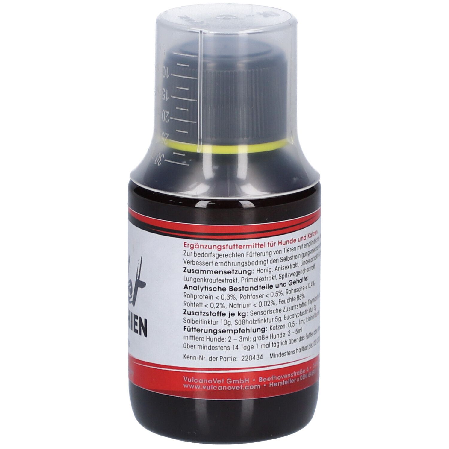 Flasche mit brauner Flüssigkeit. Etikett mit Inhaltsstoffen und Dosierung. VulcanoVet Bronchien.