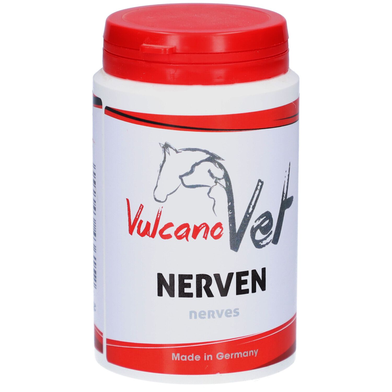 Weiß-rote Dose mit Produktnamen und Logo. Aufschrift 'Nerven'. Hergestellt in Deutschland.