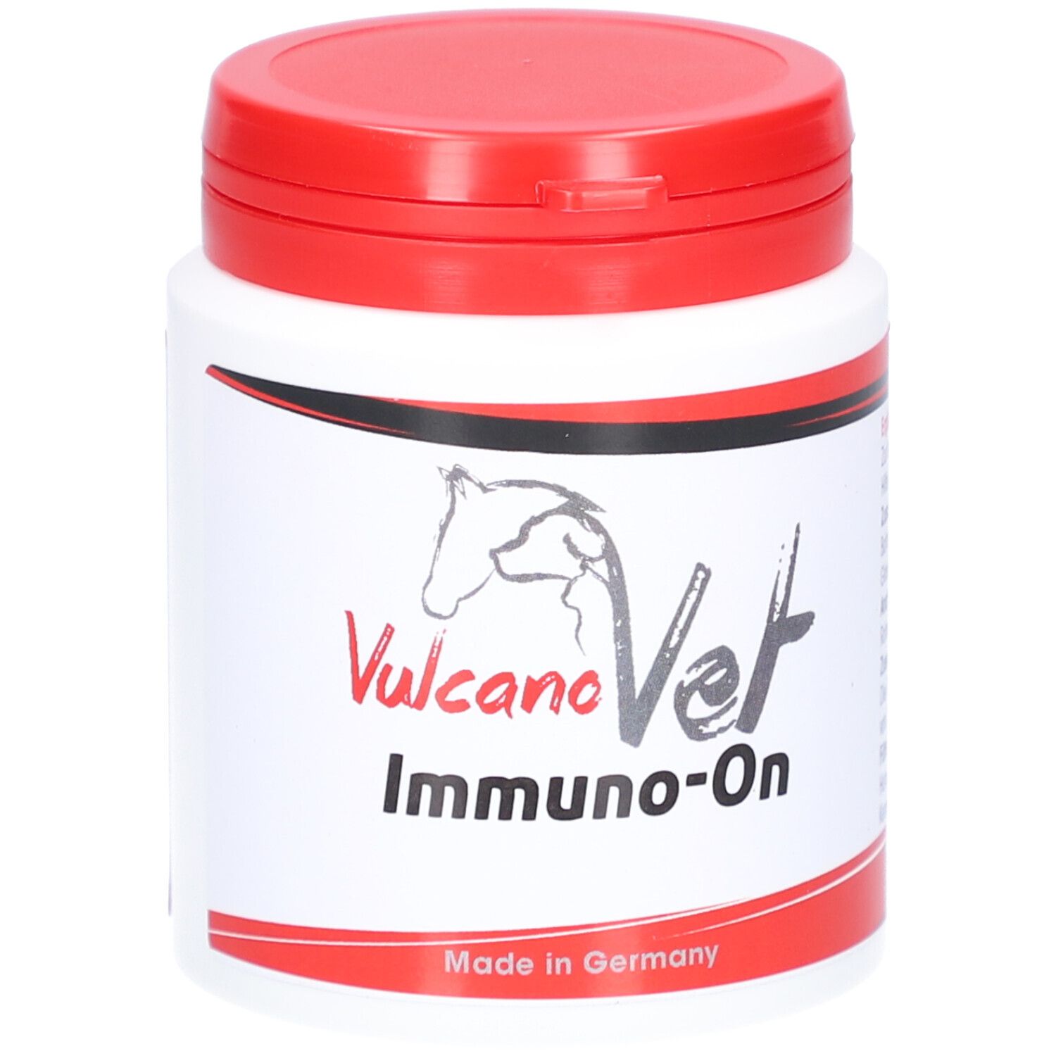 Weiß-rote Dose mit "VulcanoVet Immuno-On". Pferdekopf-Logo. "Made in Germany".