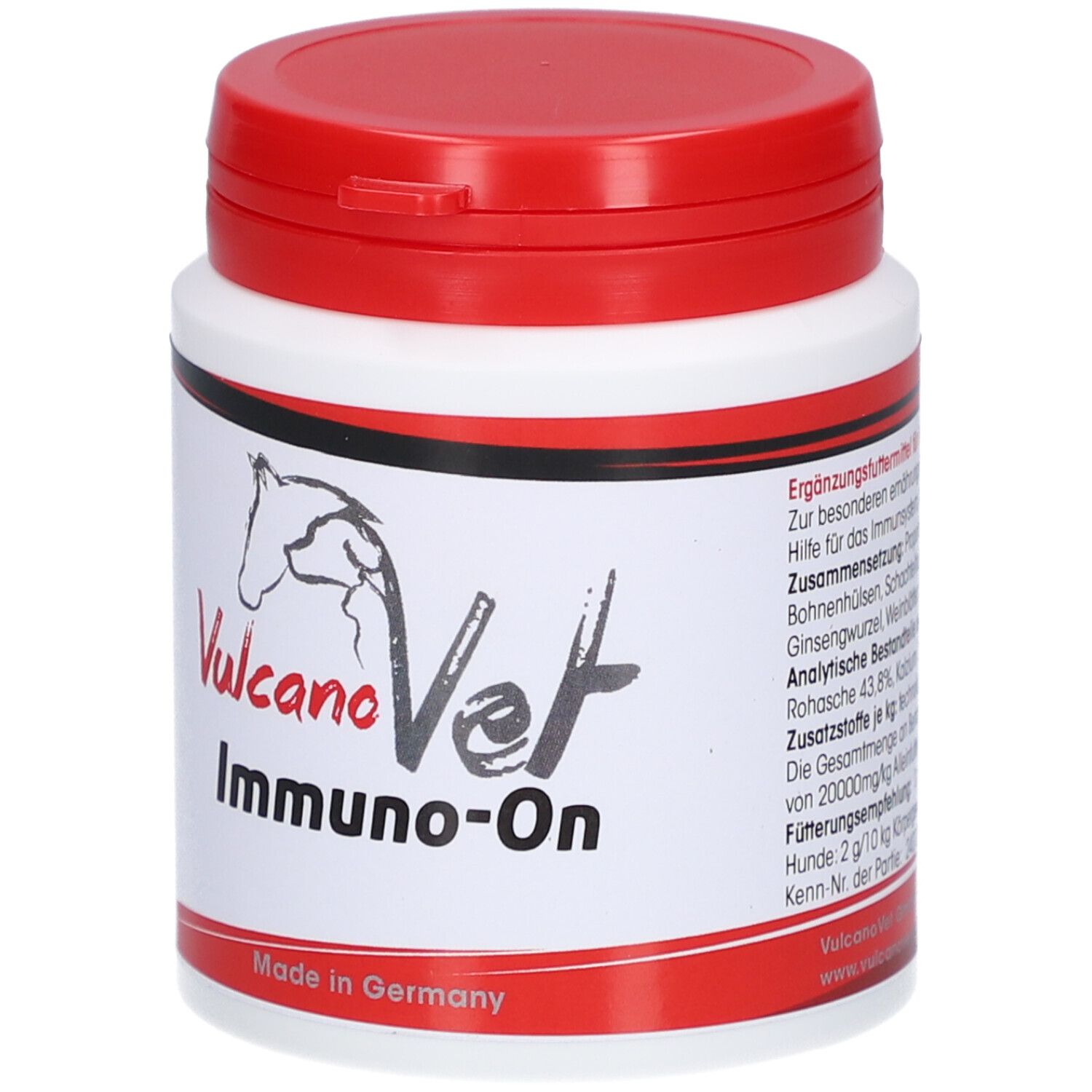 Weiß-rote Dose mit "VulcanoVet Immuno-On". Pferdekopf-Logo. Text mit Inhaltsstoffen.