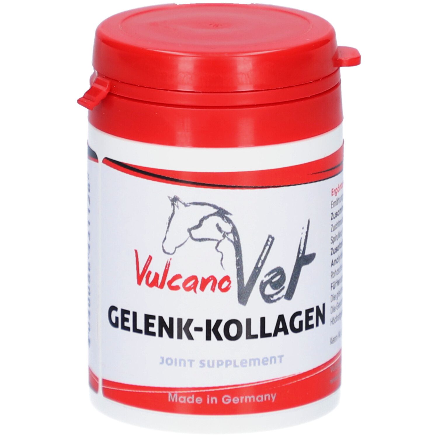 Runde Dose mit rotem Deckel. Aufschrift: VulcanoVet Gelenk-Kollagen. Joint Supplement. Made in Germany.