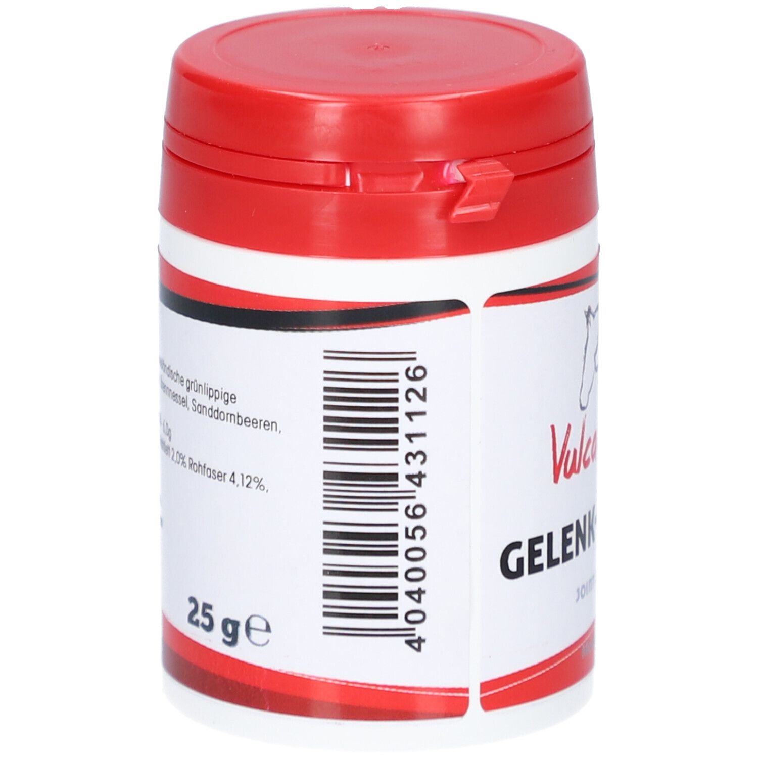 Kleine Dose mit rotem Deckel. Barcode und Text auf weißem Hintergrund. Aufschrift: 25 ge.