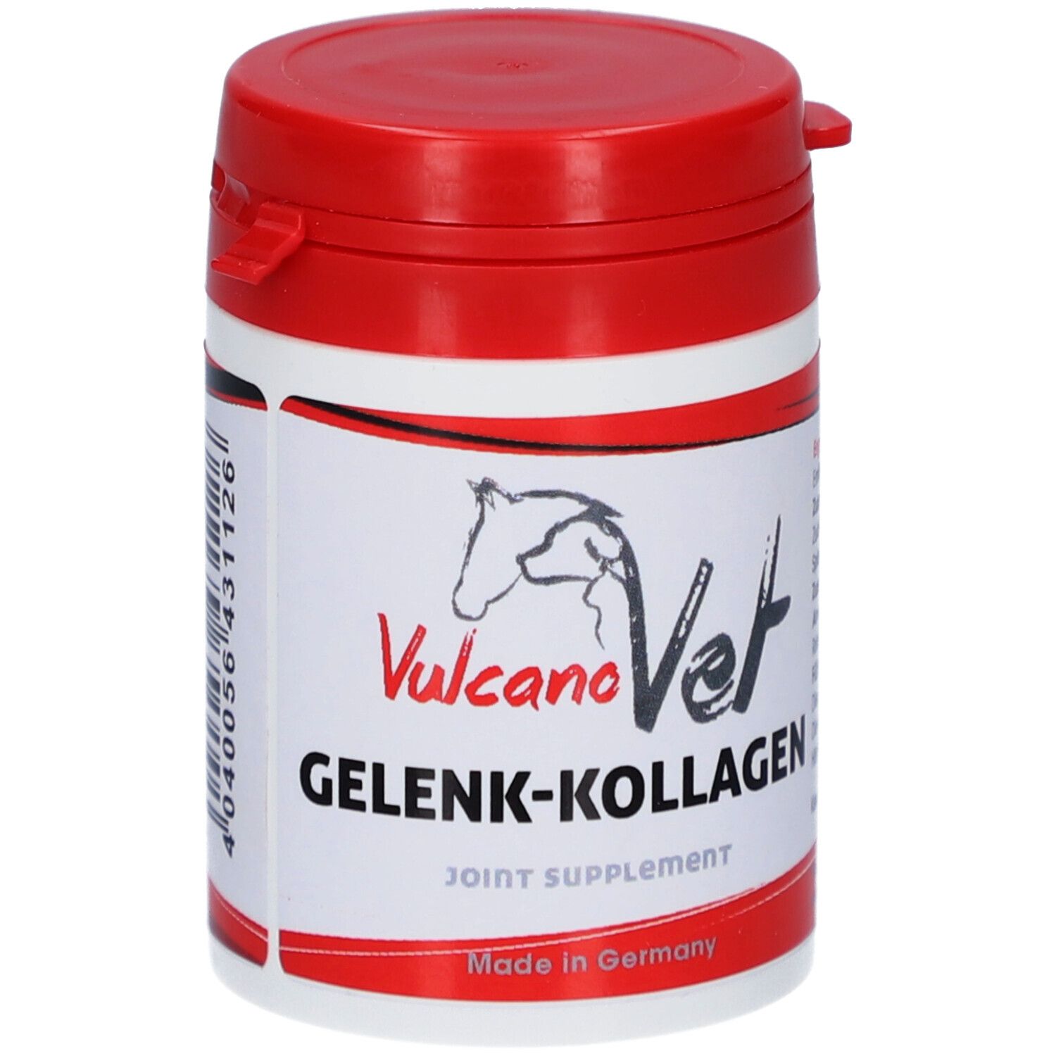 Runde Dose mit rotem Deckel. Aufschrift: VulcanoVet Gelenk-Kollagen. Joint Supplement. Made in Germany.