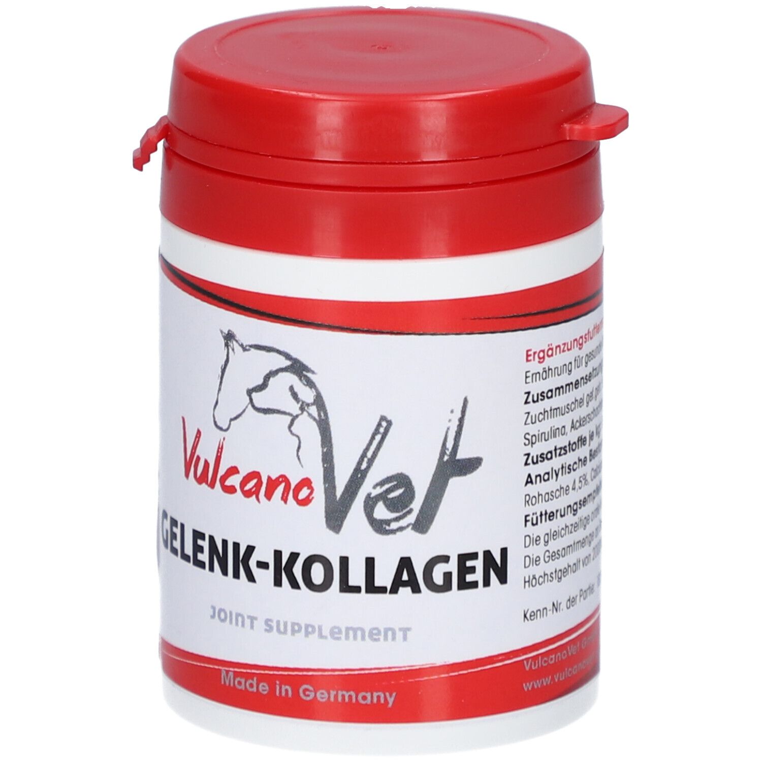 Runde Dose mit rotem Deckel. Aufschrift: VulcanoVet Gelenk-Kollagen. Joint Supplement. Made in Germany.
