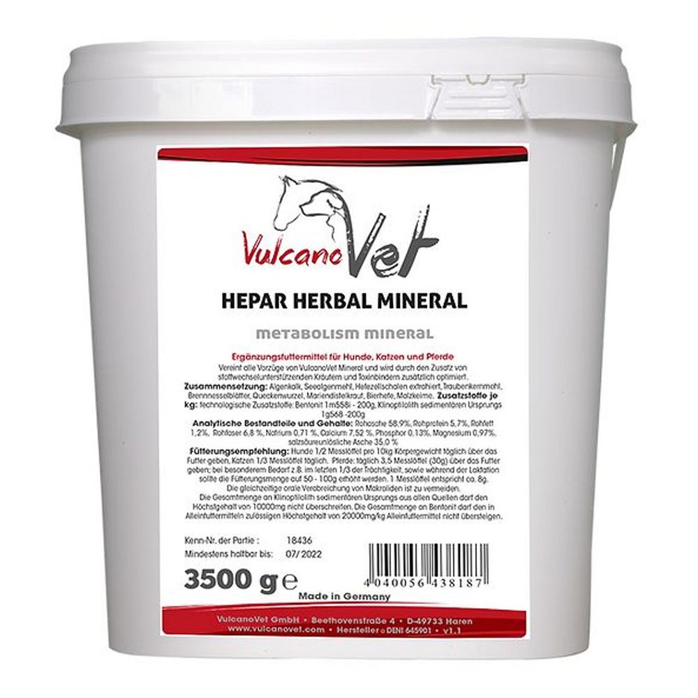 Weißer Eimer mit Etikett. Aufschrift: VulcanoVet, HEPAR HERBAL MINERAL. Enthält 3500 g. Hergestellt in Deutschland. Mit Logo.