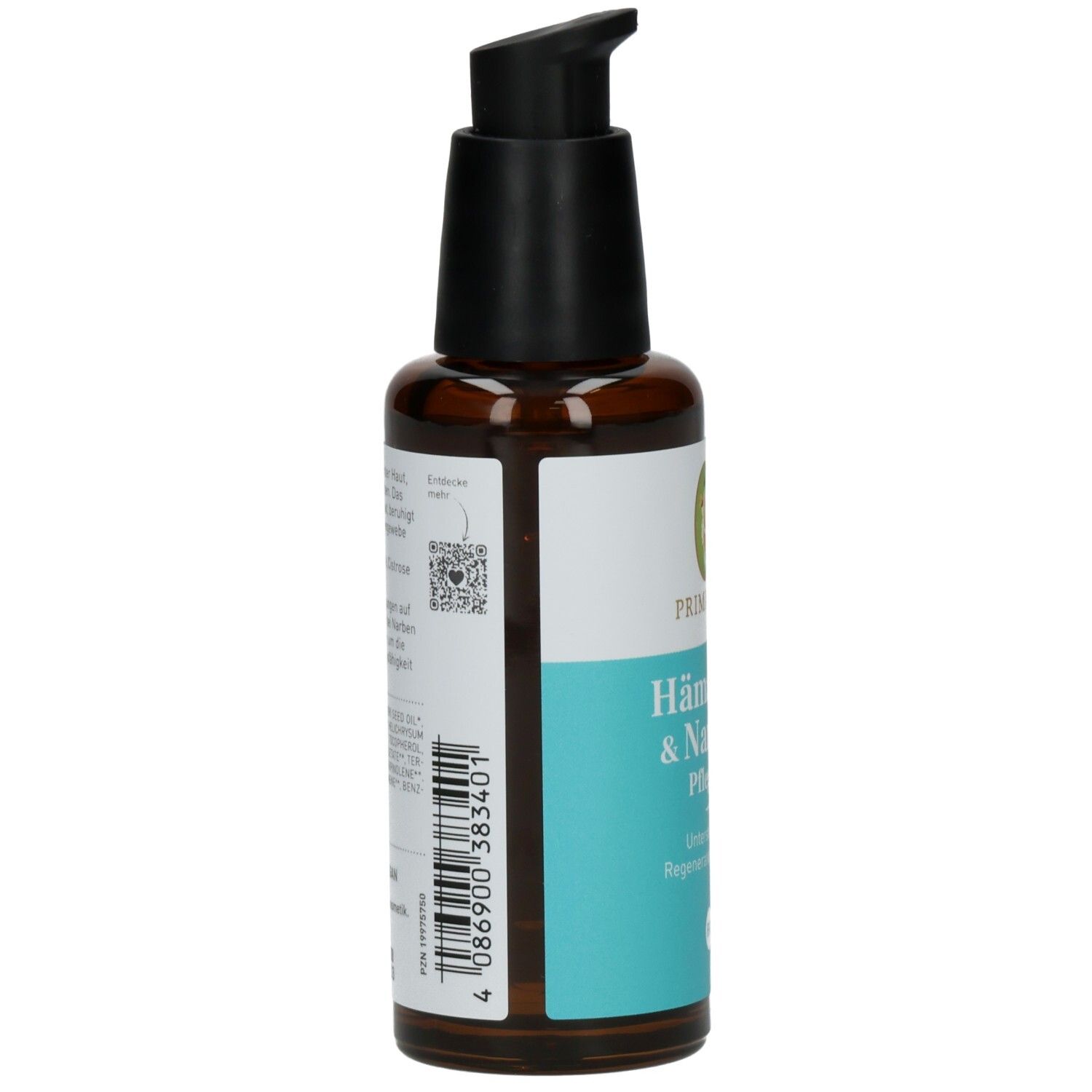 Braune Glasflasche, Seitenansicht. Etikett mit Text, QR-Code und Barcode. Produktinformationen und Herstellerangaben.