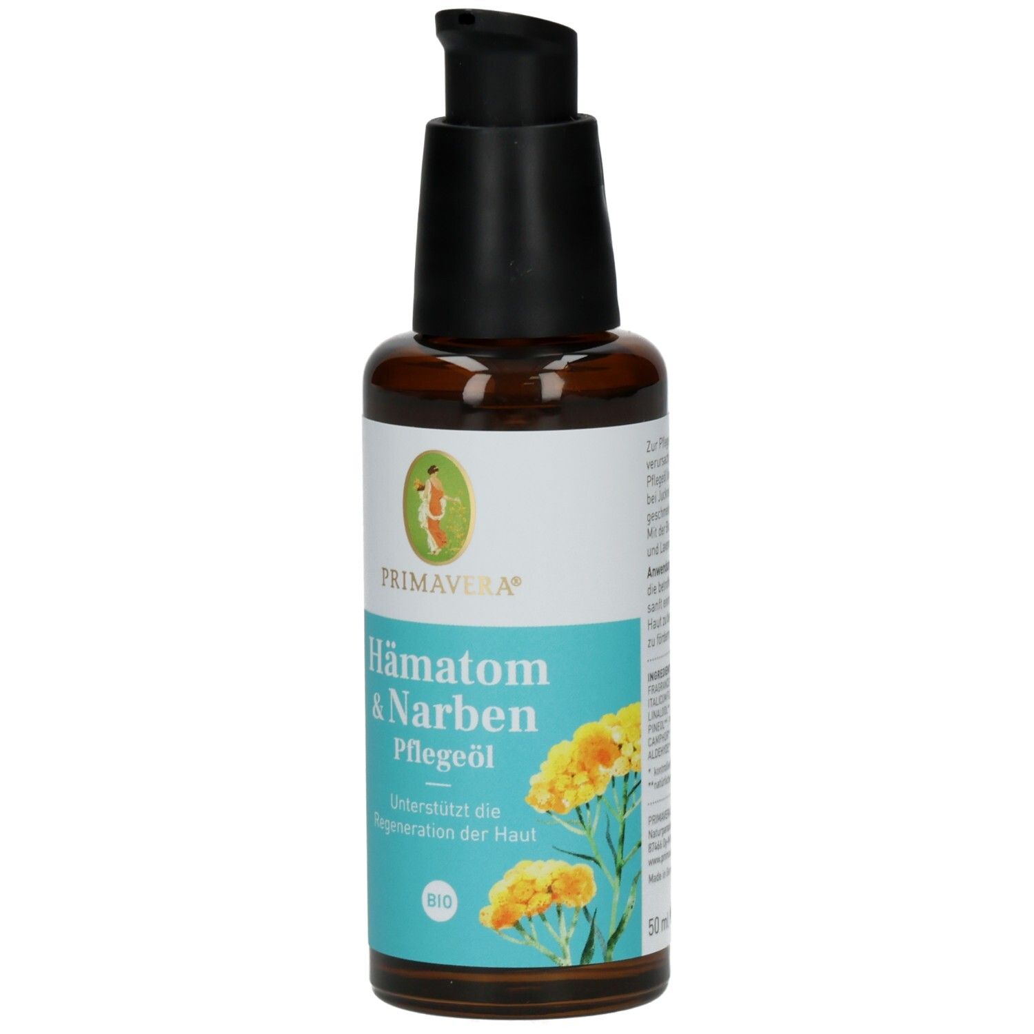 Braune Glasflasche mit schwarzem Pumpkopf. Etikett mit Produktnamen, Logo und floralem Design. BIO-Zertifizierung.