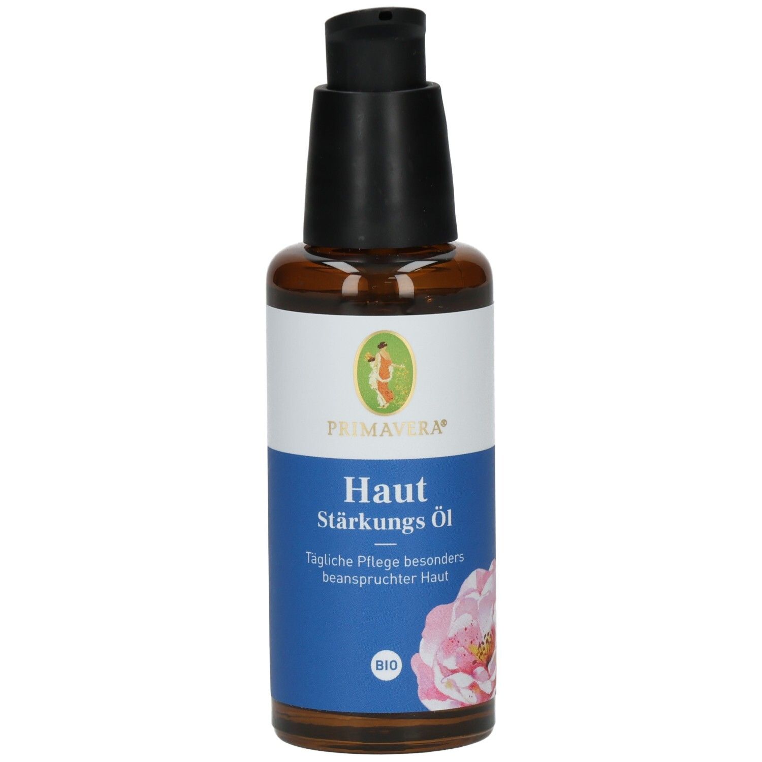 Braune Glasflasche mit schwarzem Pumpkopf. Etikett mit PRIMAVERA® Logo, Produktname und floralem Motiv. BIO-Siegel.