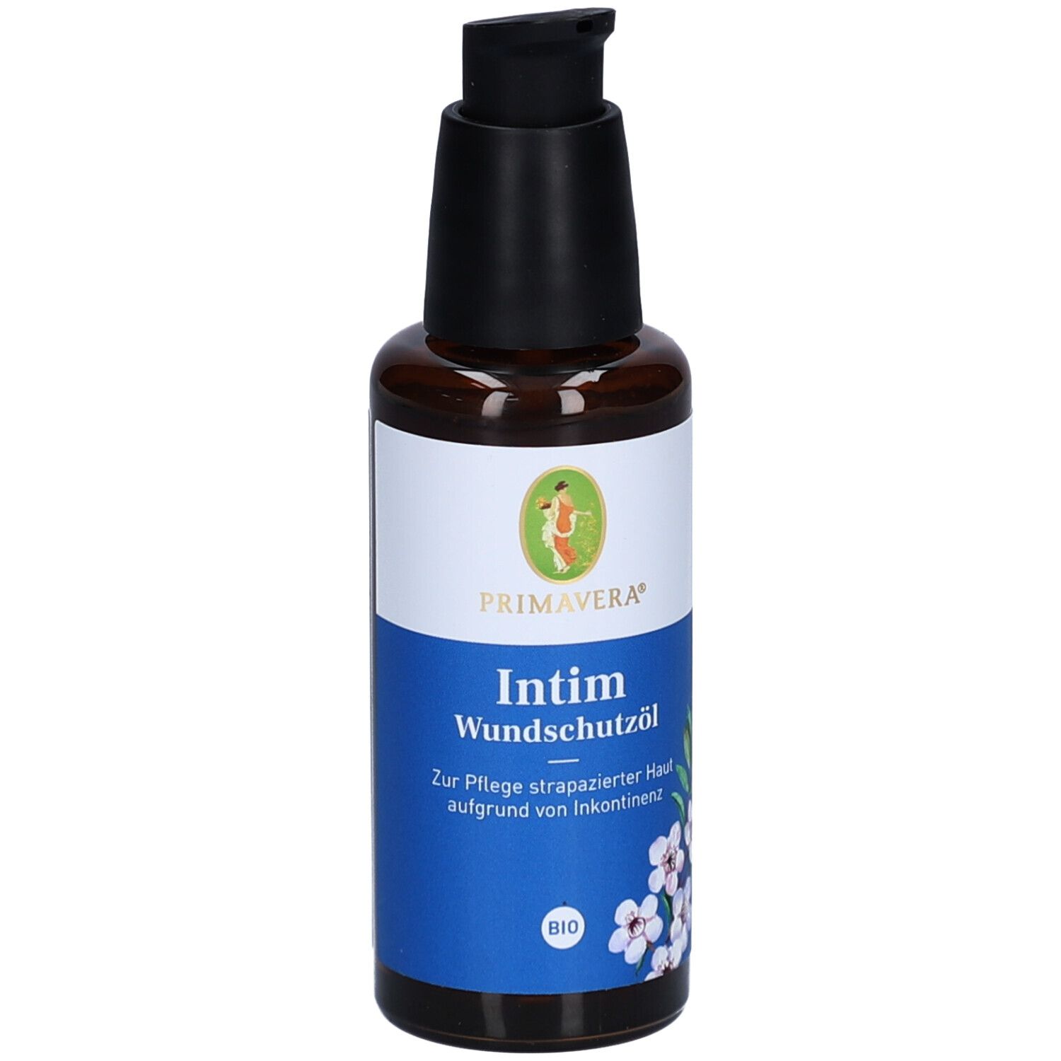 Braune Glasflasche mit schwarzem Pumpkopf. Etikett mit Produktname und Logo. BIO-Zertifizierung.