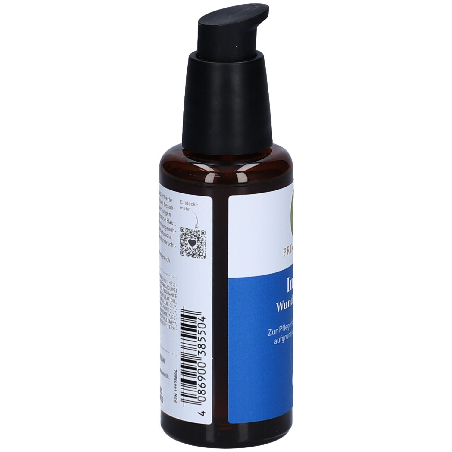 Braune Glasflasche mit schwarzem Pumpkopf. Etikett mit Produktinformationen und QR-Code. Barcode.