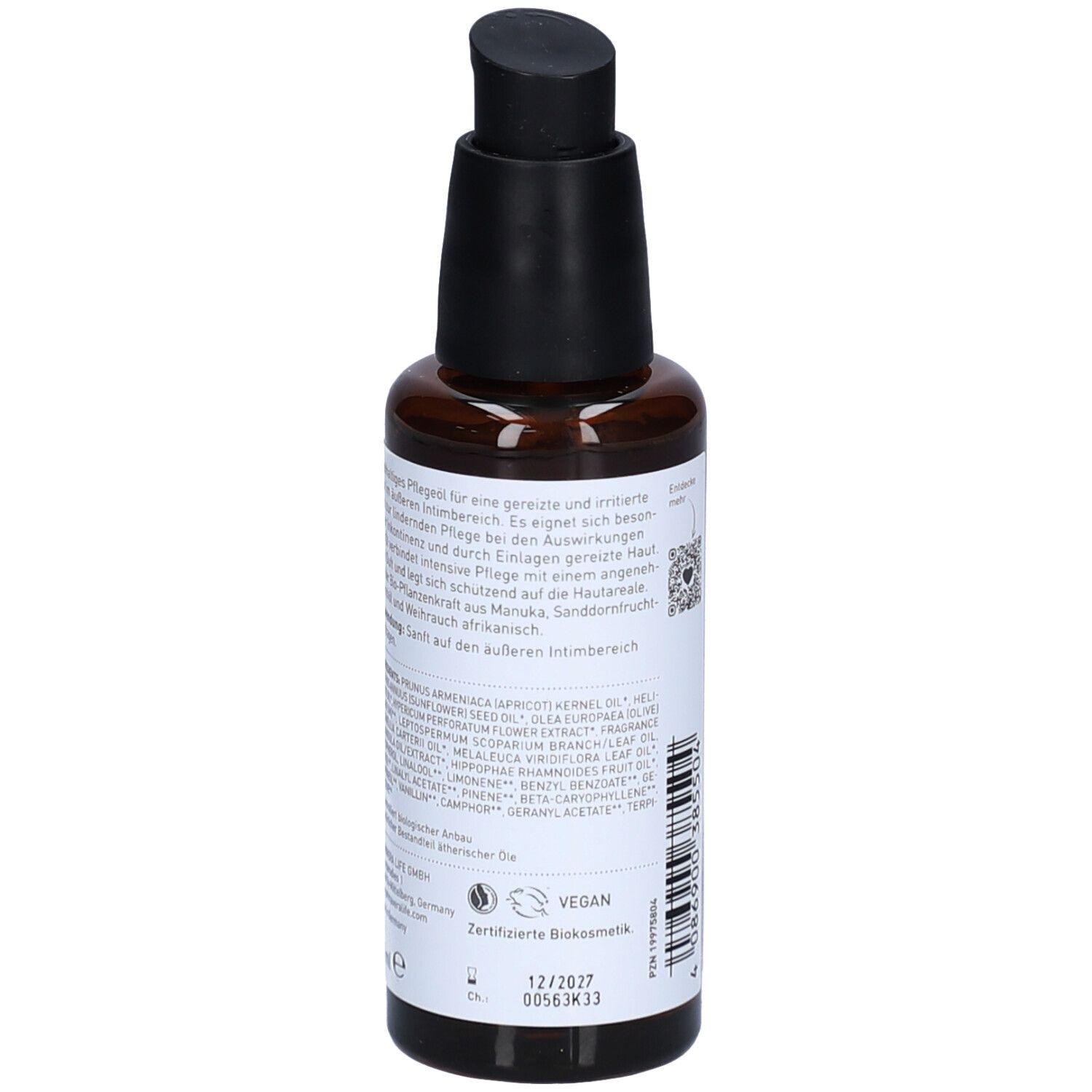 Braune Glasflasche mit schwarzem Pumpkopf. Etikett mit Inhaltsstoffen, Vegan-Logo und Haltbarkeitsdatum.