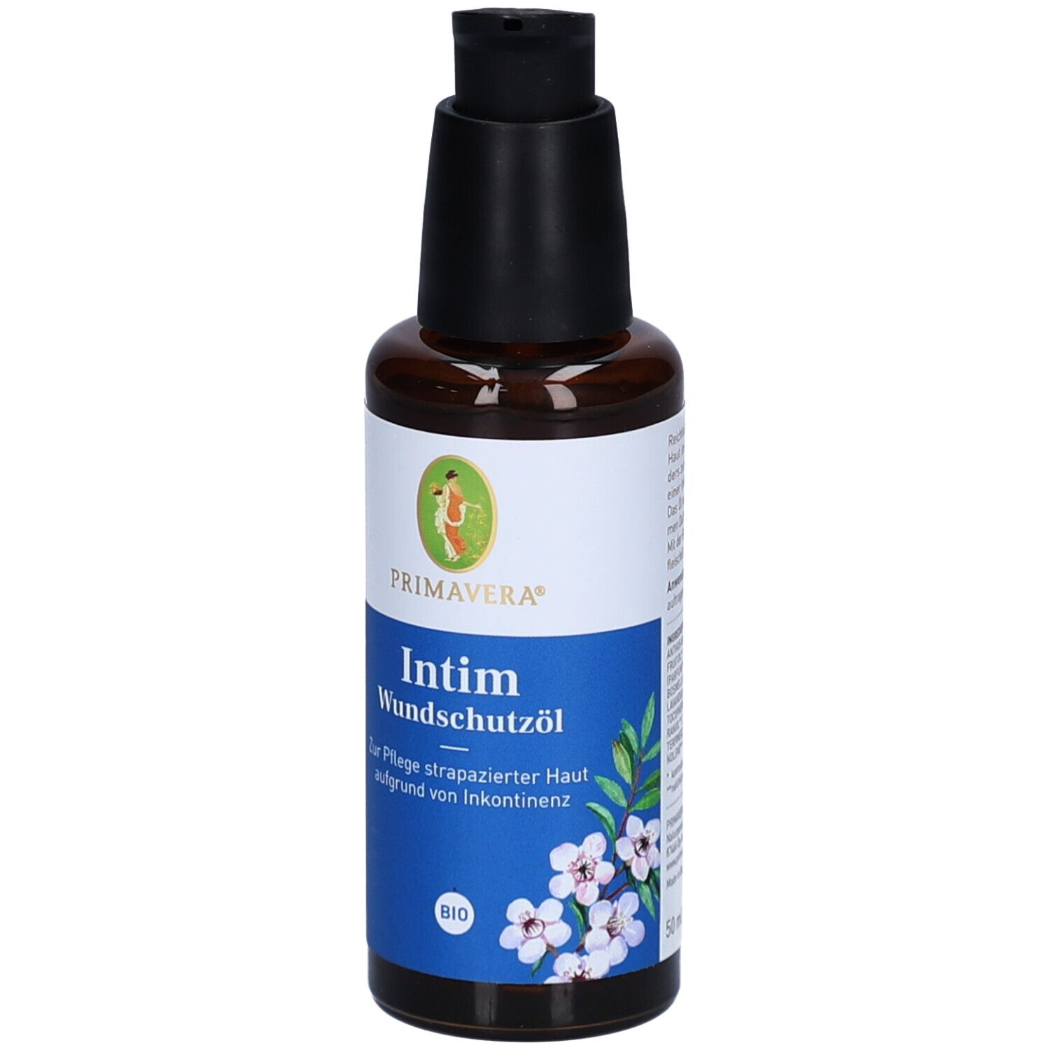 Braune Glasflasche mit schwarzem Pumpkopf. Etikett mit Produktname, Logo und BIO-Zertifizierung.