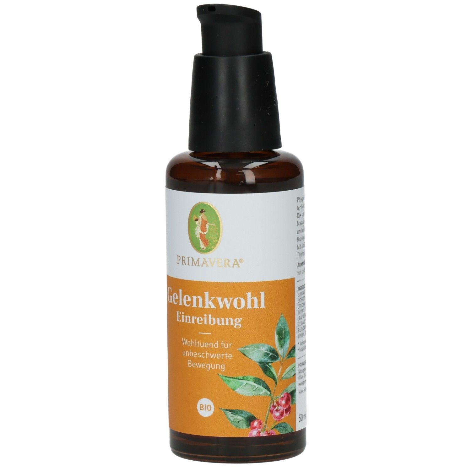 Braune Glasflasche mit schwarzem Pumpkopf. Etikett mit Produktname, Logo und Bio-Siegel. Primavera Gelenkwohl Einreibung.