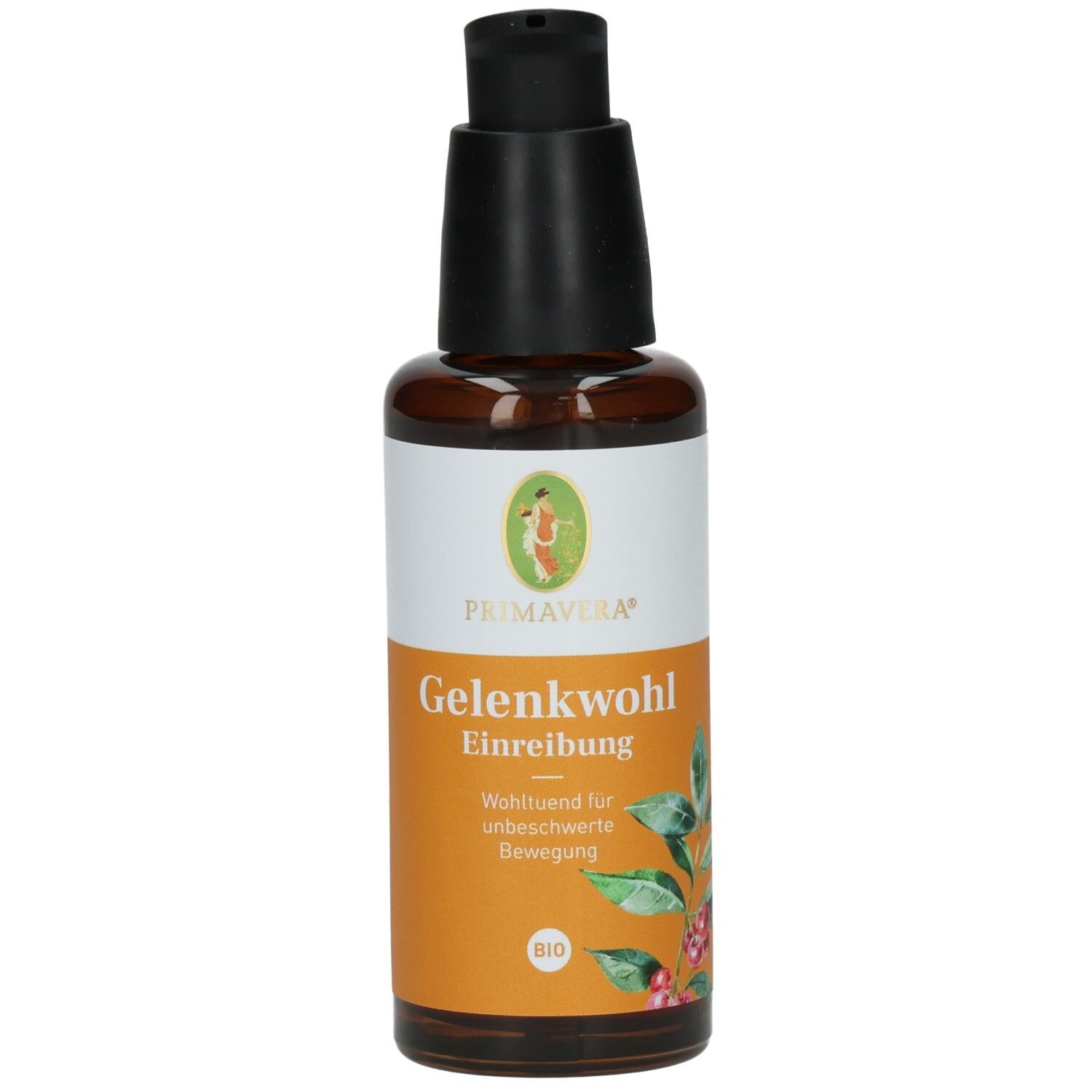 Braune Glasflasche mit schwarzem Pumpkopf. Etikett mit Produktname, Logo und Bio-Siegel. Primavera Gelenkwohl Einreibung.